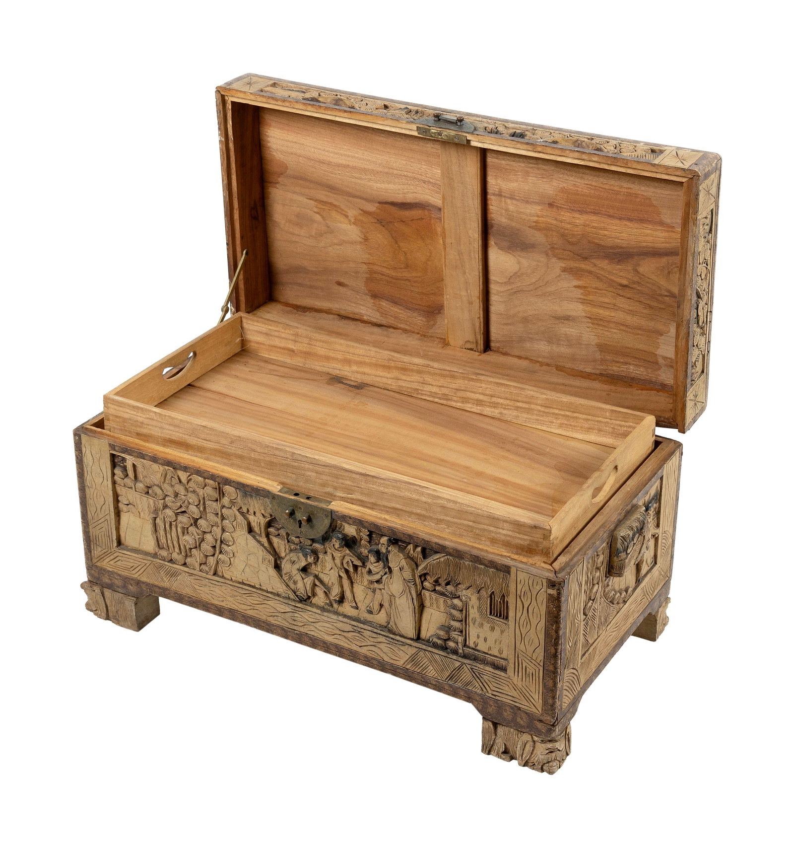 CHINESE CARVED CAMPHORWOOD CHEST Late 19th Century Height 15". Width 28". Depth 15". (1 of 3)