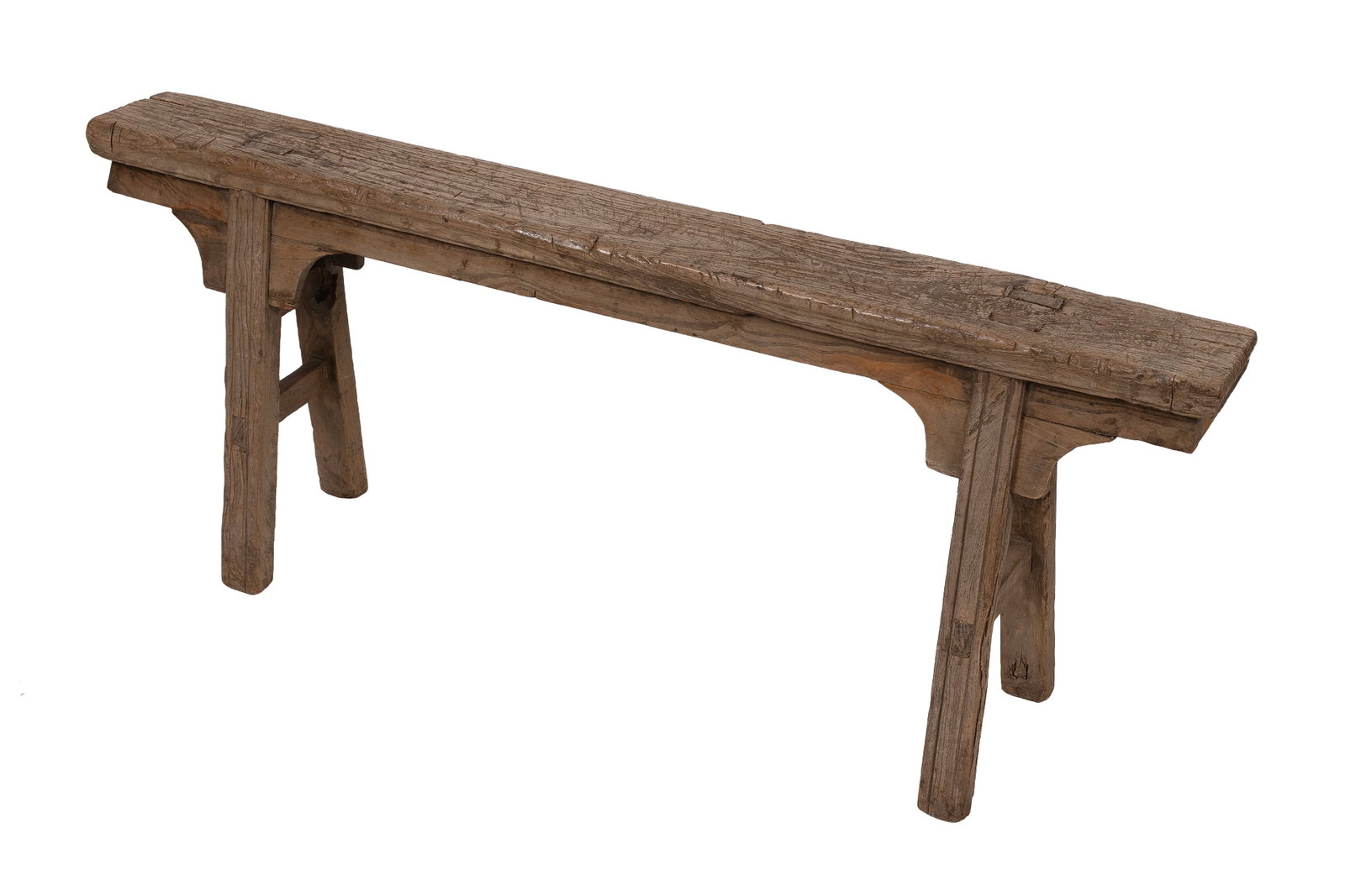 RUSTIC CHINESE ELMWOOD ALTAR-STYLE BENCH Late 19th Century Height 21". Width 52". Depth 11".: RUSTIC CHINESE ELMWOOD ALTAR-STYLE BENCH Late 19th Century Lightly splayed legs joined with simple stretchers. Height 21". Width 52". Depth 11".