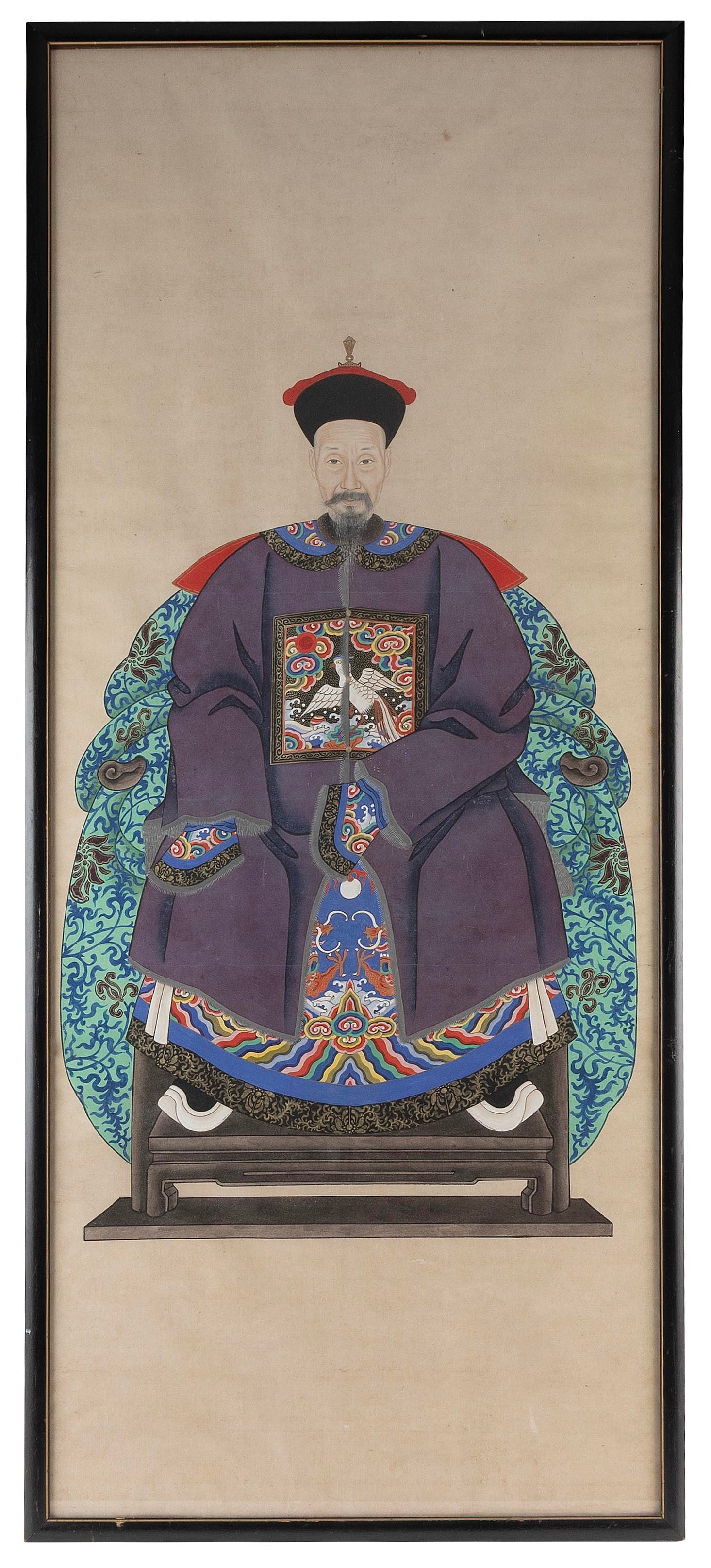 CHINESE ANCESTOR PORTRAIT Late 19th Century On paper, 45" x 19". Framed 46.5" x 21".: CHINESE ANCESTOR PORTRAIT Late 19th Century A seated Mandarin with rank badge. On paper, 45" x 19". Framed 46.5" x 21".