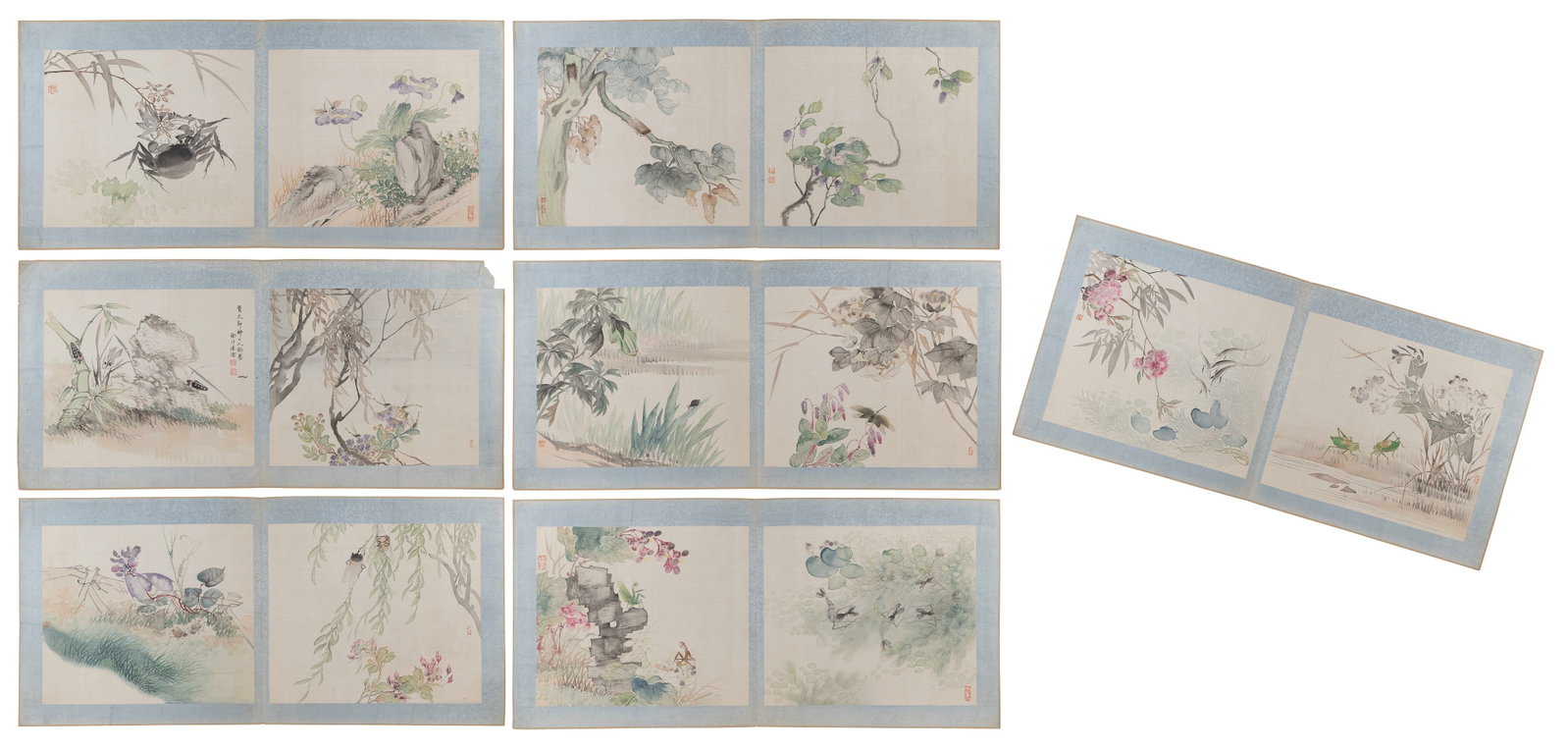 ATTRIBUTED TO HSU J-CHIN (China, 1951-2022), Fourteen floral and insect paintings on seven silk (1 of 8)
