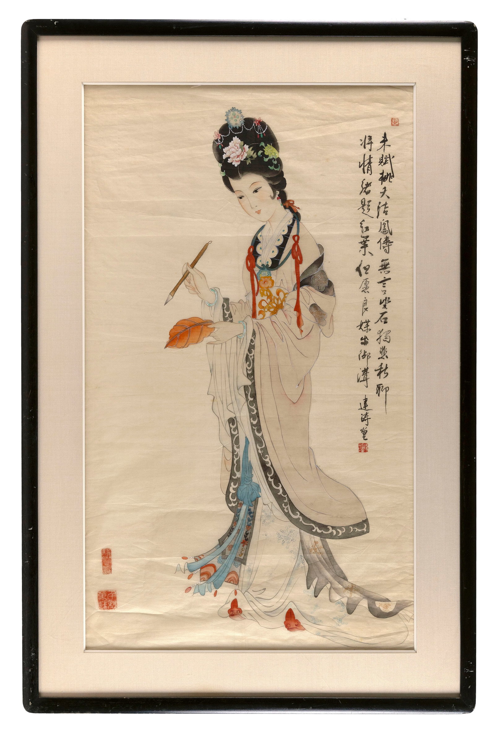 CHINESE SCHOOL (20th Century,), A young beauty painting a leaf., Watercolor on paper, 34" x 20". (1 of 2)