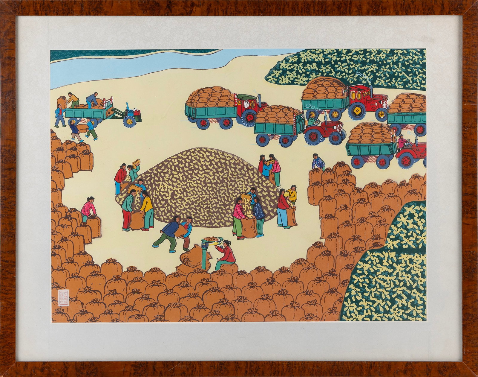 CHINESE FOLK ART PAINTING Mid-20th Century On paper, 14" x 19" sight. Framed 19" x 24".: CHINESE FOLK ART PAINTING Mid-20th Century Agricultural scene with figures and trucks. Seal marked lower left. On paper, 14" x 19" sight. Framed 19" x 24".