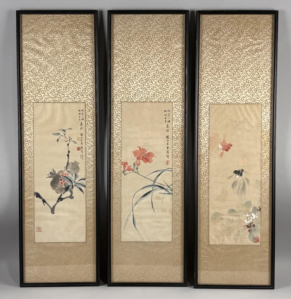 CHINESE SCHOOL (20th Century,), A triptych depicting iris, carp and pomegranate., Watercolors on: CHINESE SCHOOL 20th Century A triptych depicting iris, carp and pomegranate. Each with calligraphy and seal marks. Mount with brocade mat. Watercolors on paper, 18" x 6.5" sight. Framed 35" x 10".