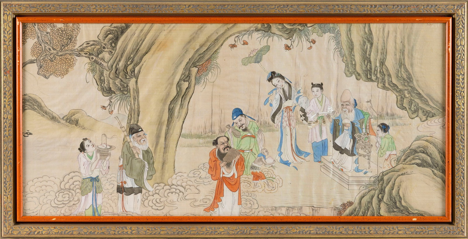CHINESE FIGURAL PAINTING 19th Century On silk, 12" x 27" sight. Framed 15.5" x 30". (1 of 4)