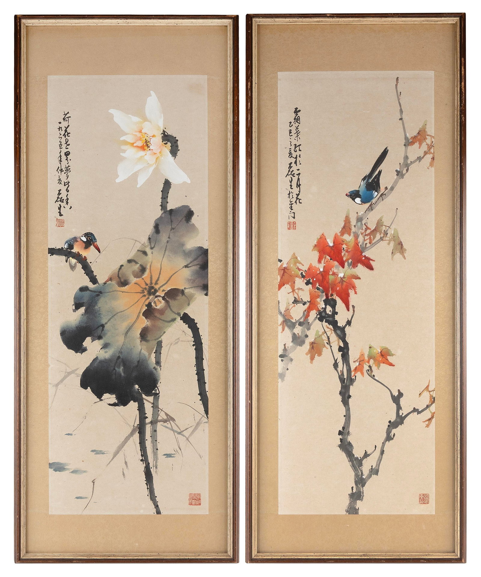 ATTRIBUTED TO HUANG HUANWU (China, 1906-1985), Two flower and bird paintings:, Watercolors and: ATTRIBUTED TO HUANG HUANWU China, 1906-1985 Two flower and bird paintings: 1) Kingfisher on a lotus flower. 2) Songbird in a maple tree. Each with calligraphy upper left and seal mark lower right. Wat