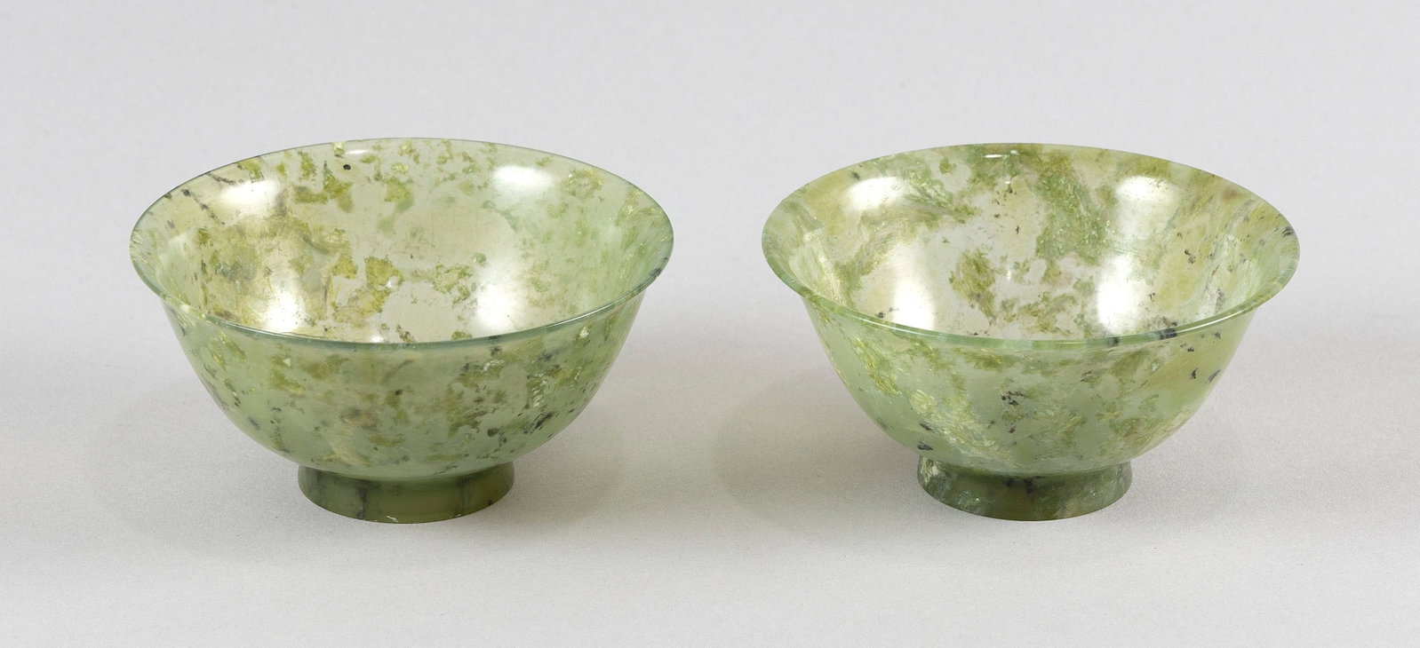 PAIR OF SPINACH JADE-LIKE SERPENTINE BOWLS Heights 2". Diameters 4". (1 of 4)