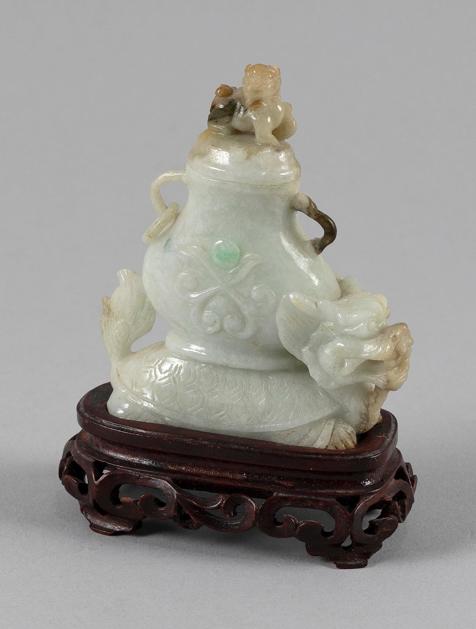 CHINESE CARVED CELADON JADE COVERED KORO 19th Century Height 3.5". With wood stand. (1 of 3)