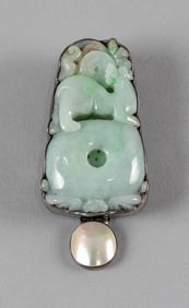 CHINESE CELADON JADE, MOTHER-OF-PEARL AND STERLING SILVER PENDANT OR BROOCH Length 3".
