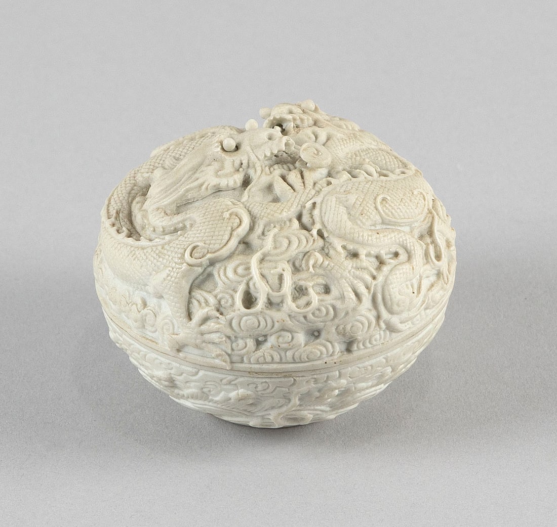 CHINESE WHITE BISQUE PORCELAIN BOX Early 20th Century Diameter 3". (1 of 5)