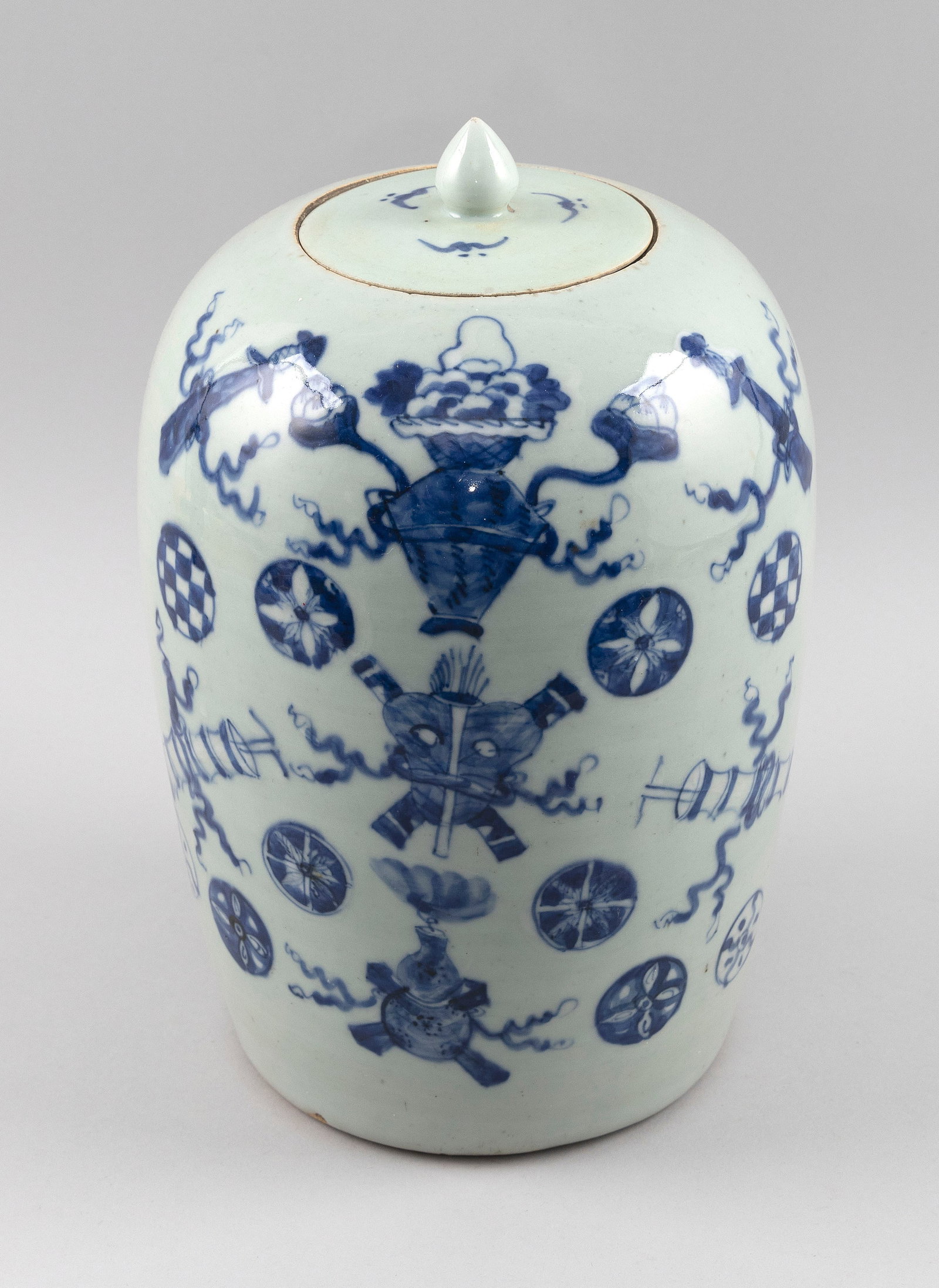 CHINESE BLUE ON CELADON SEED-FORM COVERED JAR Late 19th Century Height 13". (1 of 3)
