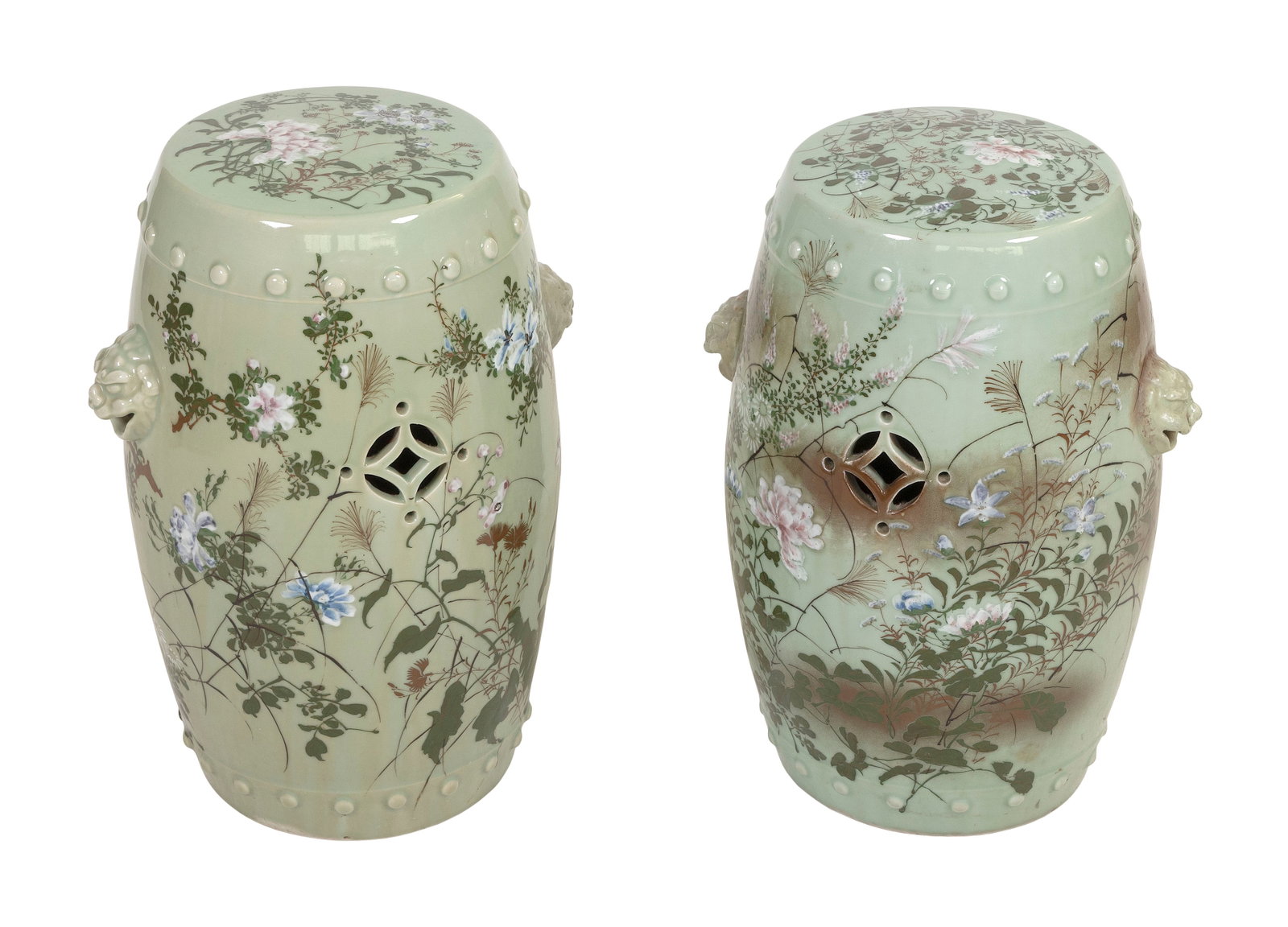 PAIR OF CHINOISERIE FAMILLE ROSE ON CELADON PORCELAIN GARDEN SEATS 20th Century Heights 21". Top (1 of 3)