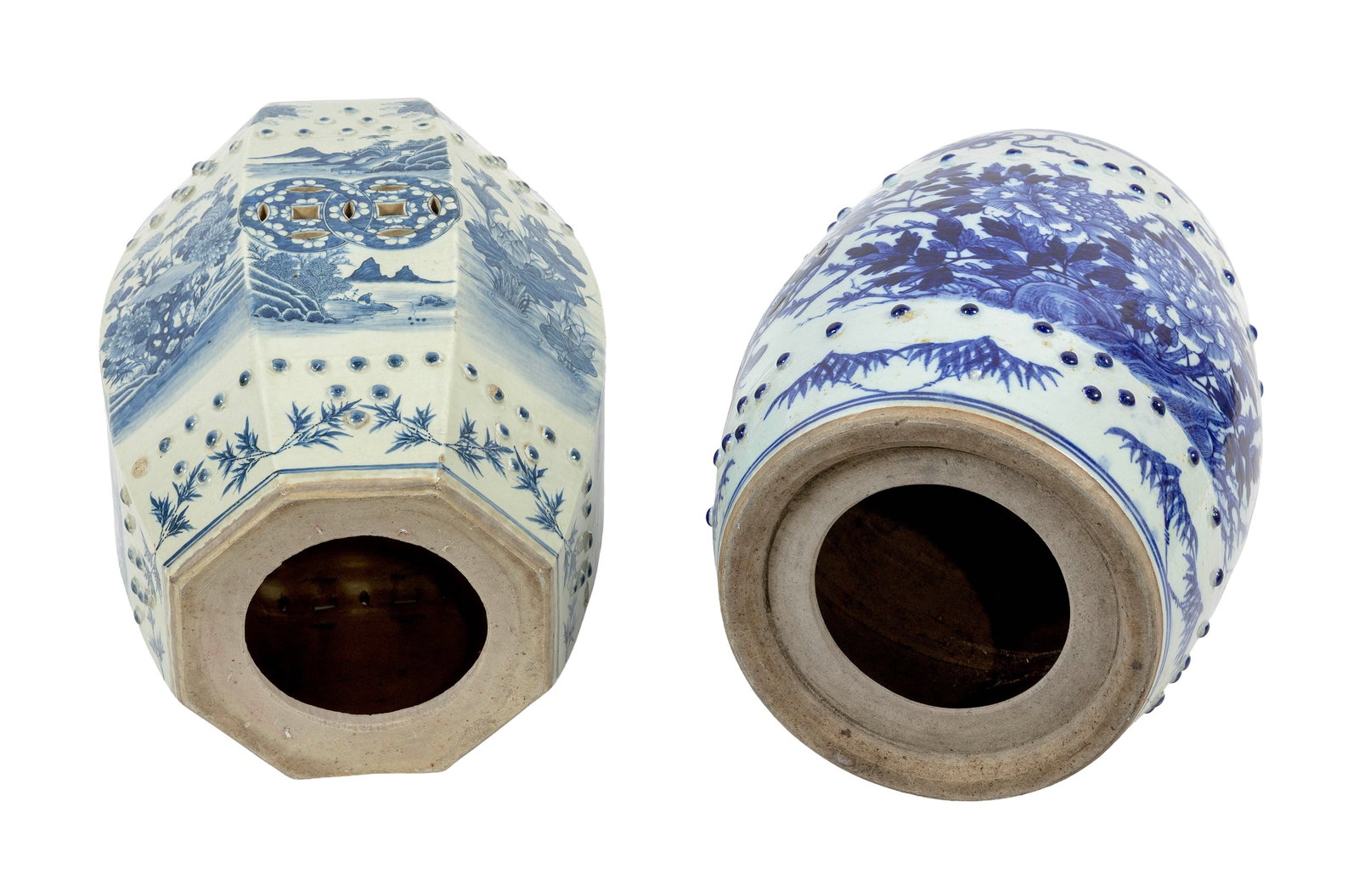 TWO CHINESE BLUE AND WHITE PORCELAIN GARDEN SEATS Early 20th Century Heights 19". Top widths approx. (1 of 3)