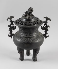 CHINESE BRONZE INCENSE BURNER Height 12". Width across handles 9".