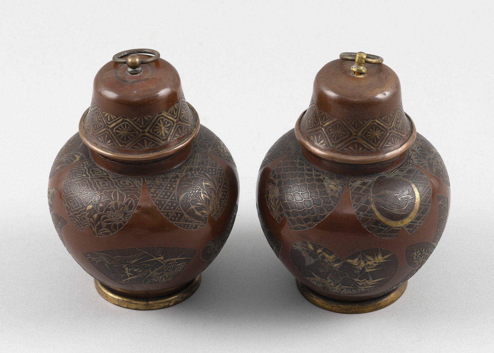 PAIR OF JAPANESE MIXED METAL COVERED VASES Meiji Period Heights 5.5". (1 of 3)