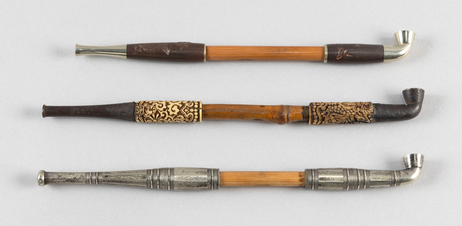THREE JAPANESE BAMBOO PIPES 19th/Early 20th Century Lengths from 7.25" to 8". (1 of 3)