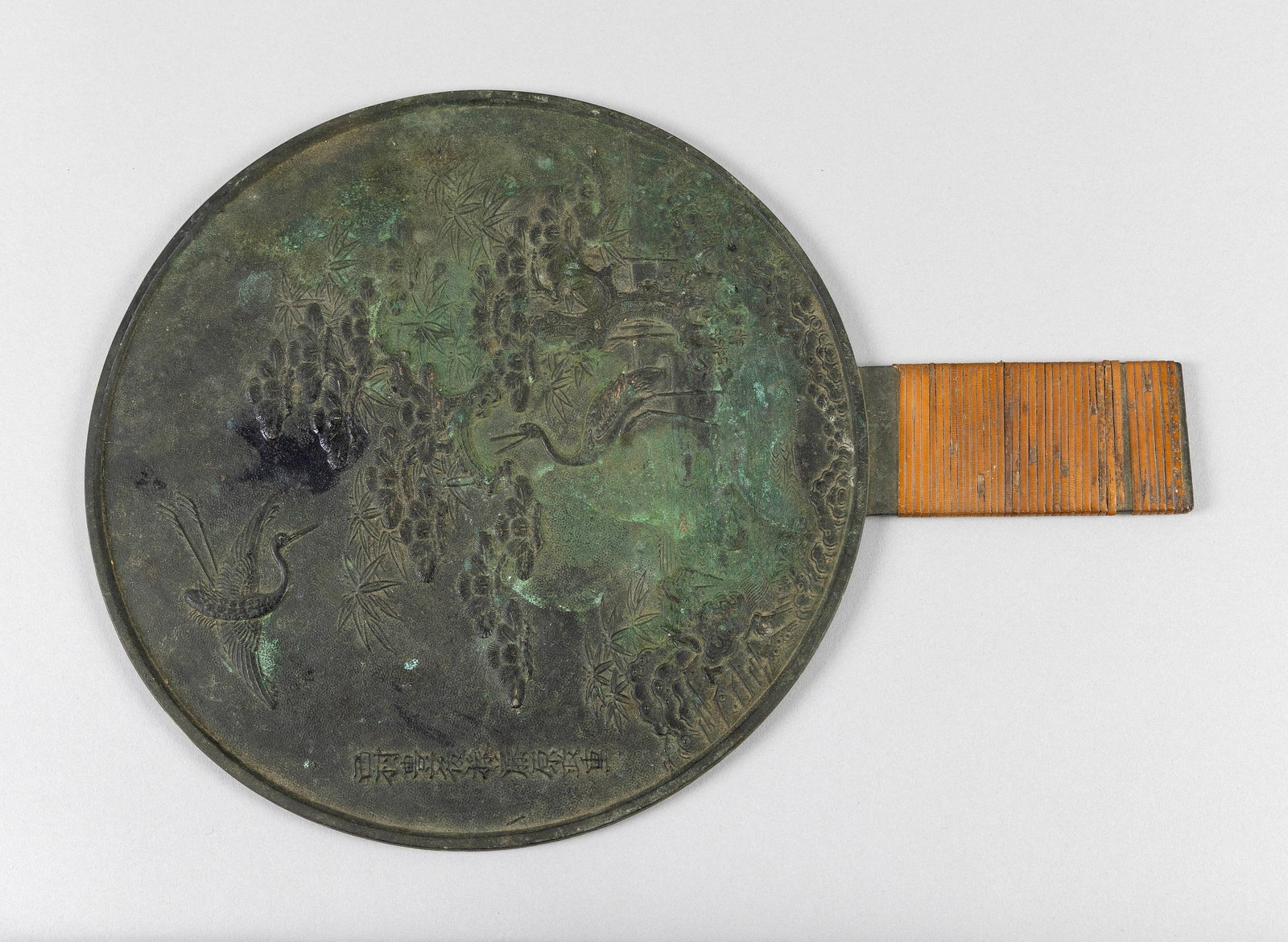 JAPANESE BRONZE HAND MIRROR Meiji Period Length 15". Cased. (1 of 3)