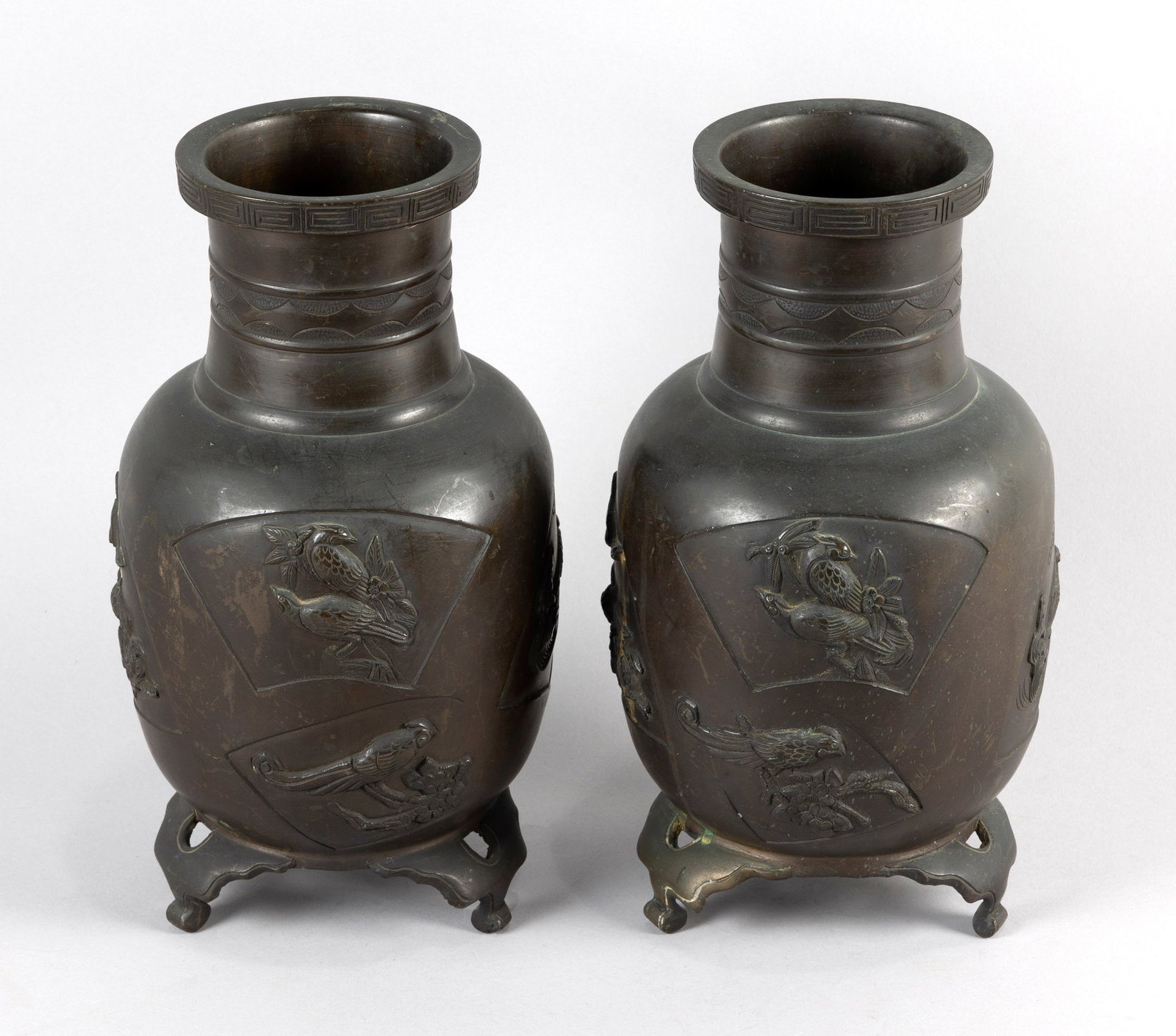 TWO SIMILAR JAPANESE BRONZE VASES Meiji Period (Late 19th Century) Heights 12". (1 of 4)