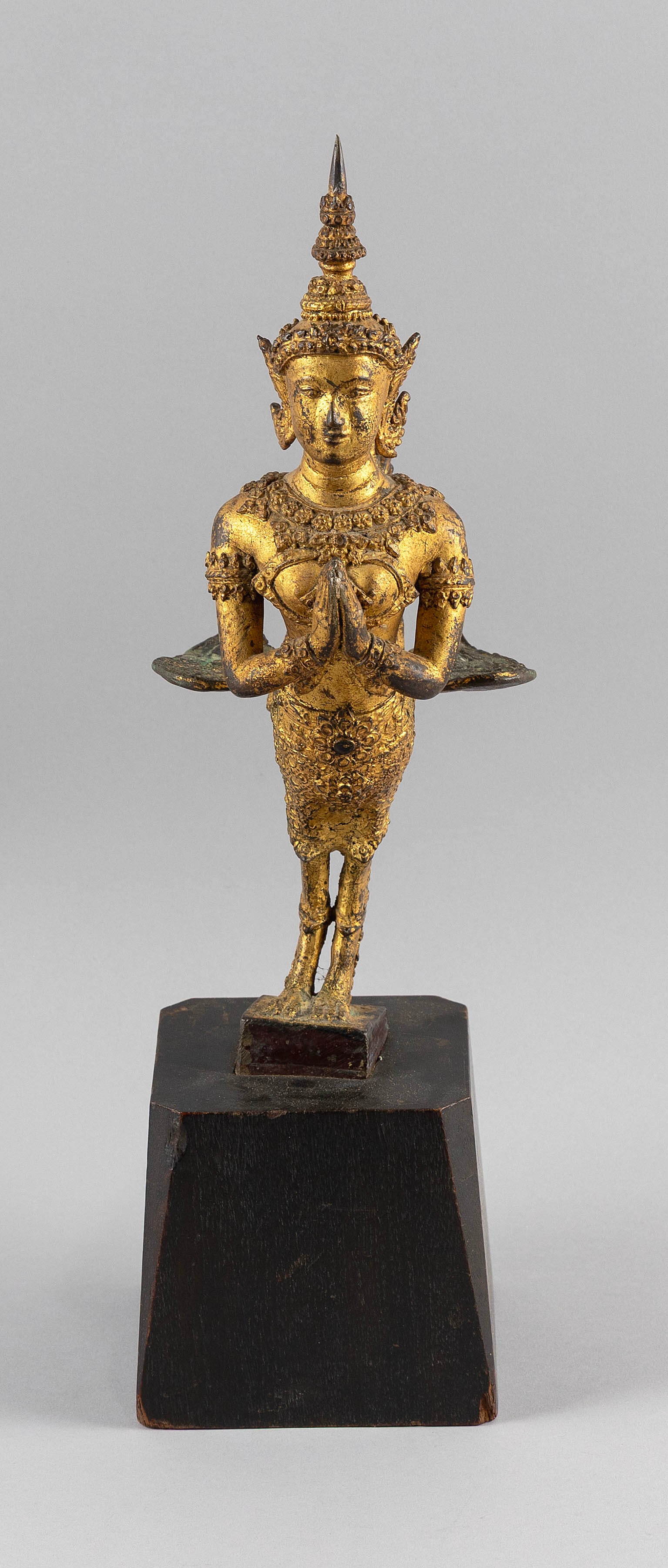 THAI GILT BRONZE FIGURE OF A KINNAREE Figure height 12". Total height 16". (1 of 4)