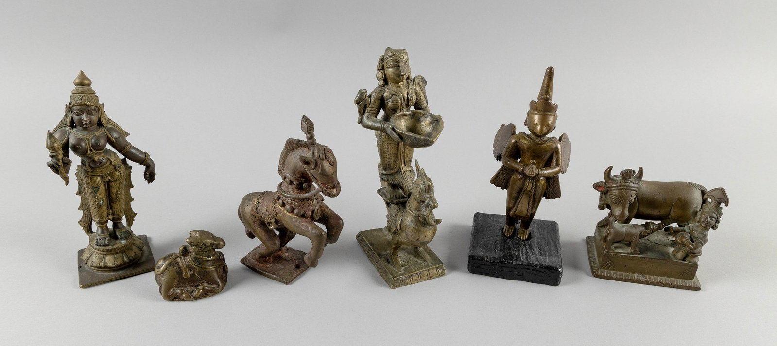 SIX SOUTH INDIAN BRASS AND BRONZE HINDU DEITY AND ANIMAL FIGURES 19th Century Heights from 2" to (1 of 3)