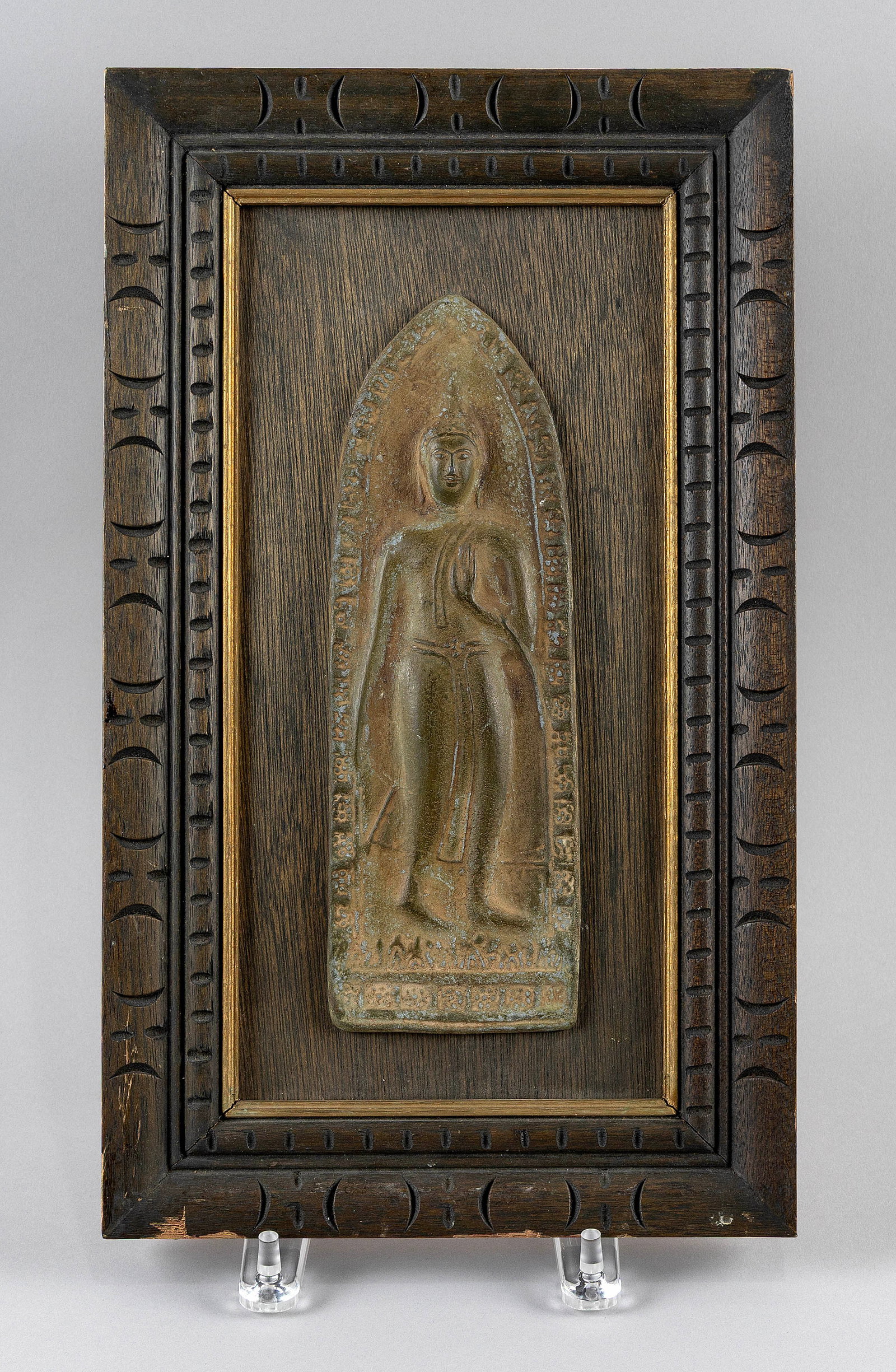 THAI BUDDHIST VOTIVE PLAQUE OR AMULET Plaque length 9". Framed 15" x 9". (1 of 3)