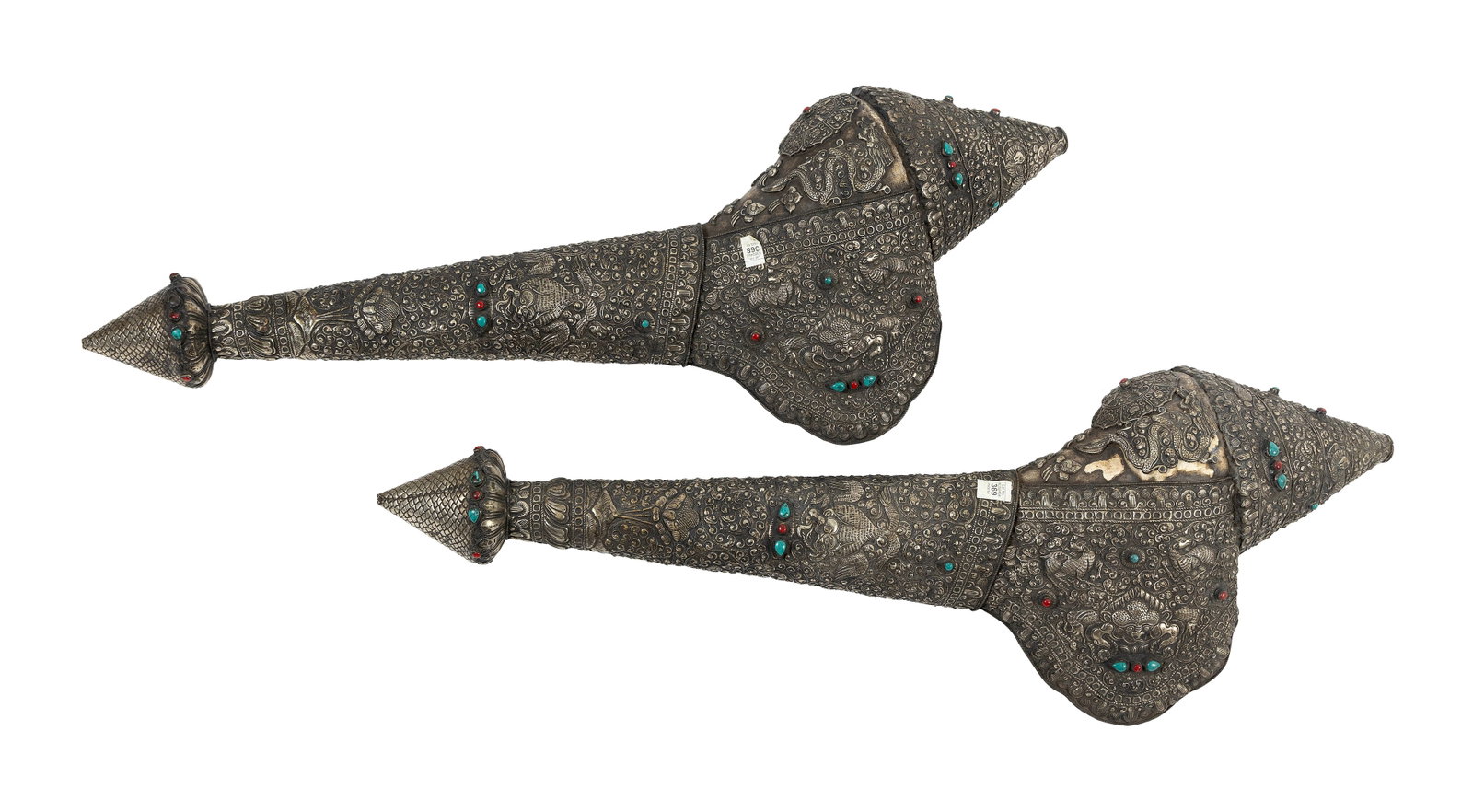 PAIR OF TIBETAN CEREMONIAL SILVER METAL CONCH HORNS Lengths 39". (1 of 3)