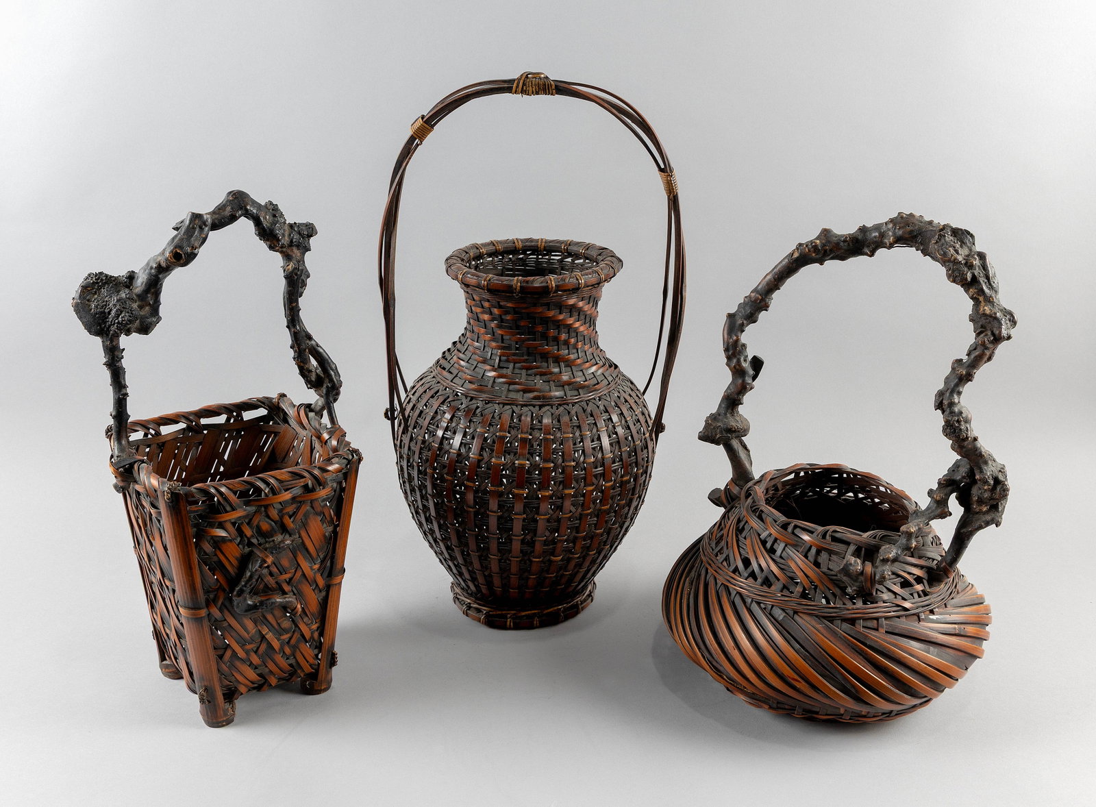 THREE JAPANESE IKEBANA BASKETS 19th/20th Century Heights from 18" to 20". (1 of 3)