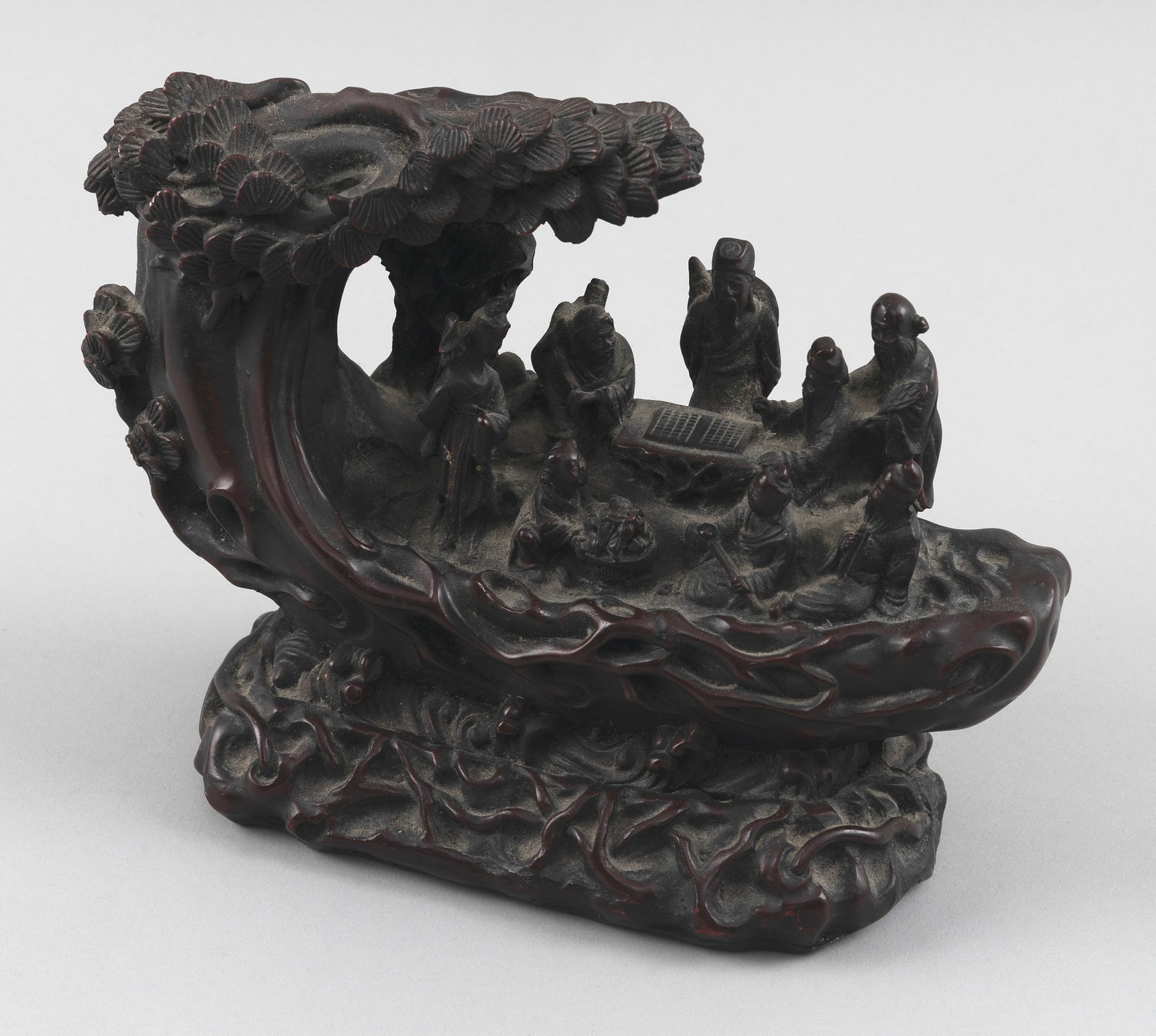 CHINESE FAUX WOOD FIGURAL SCULPTURE Late 20th Century Height 6". Width 8". Depth 3.5". (1 of 3)