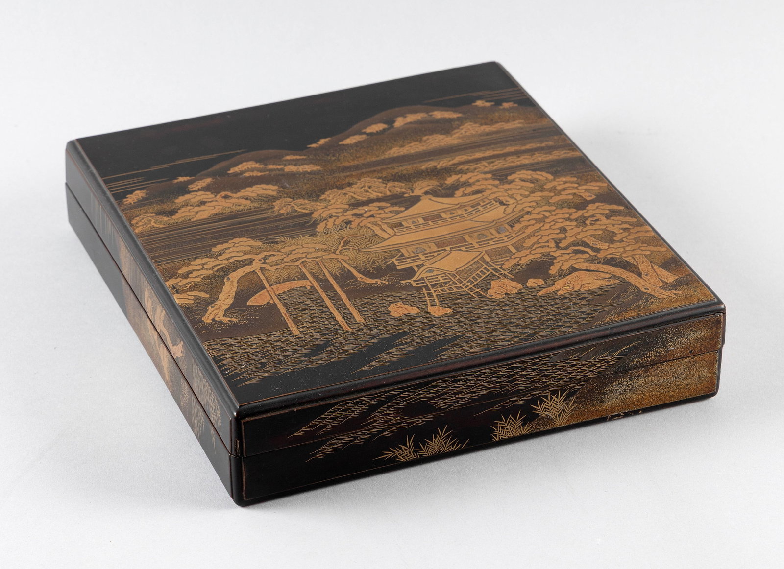 JAPANESE BLACK AND GILT LACQUER WRITING BOX Meiji Period Height 2". Width 10". Depth 11". (1 of 4)