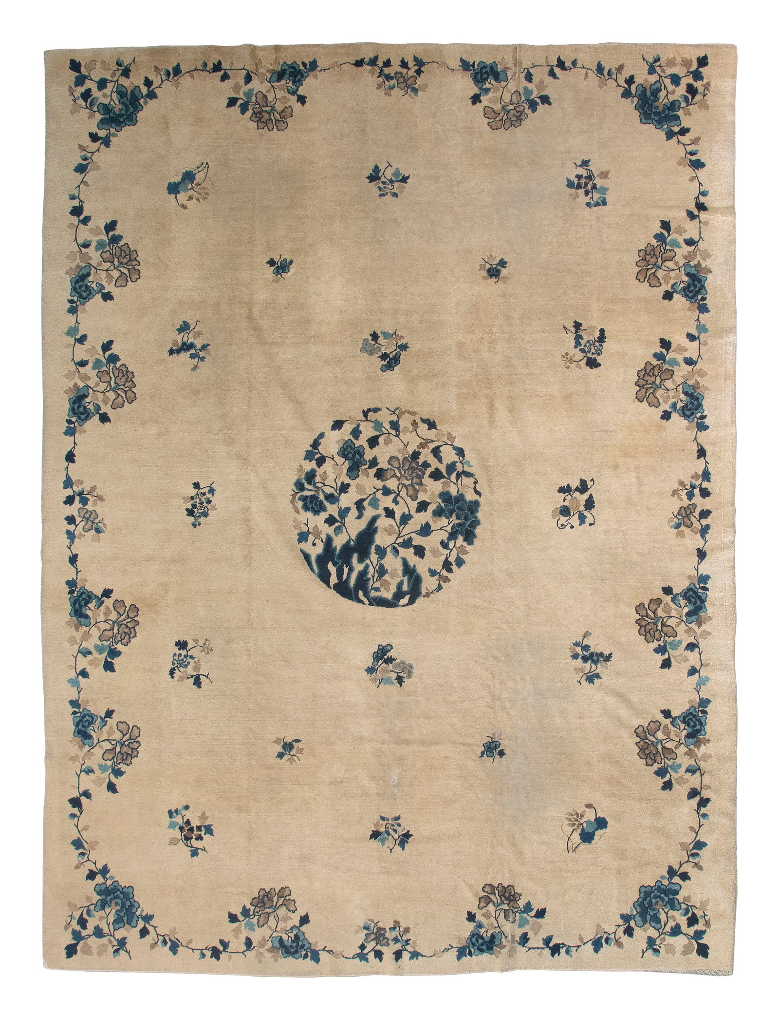 CHINESE RUG: 9'0" X 11'4" Early 20th Century: CHINESE RUG: 9'0" X 11'4" Early 20th Century Small clusters of blue and tan flowering branches orbit a large rondel of flowering branches and rockery at the center of a sand-colored field. Border form
