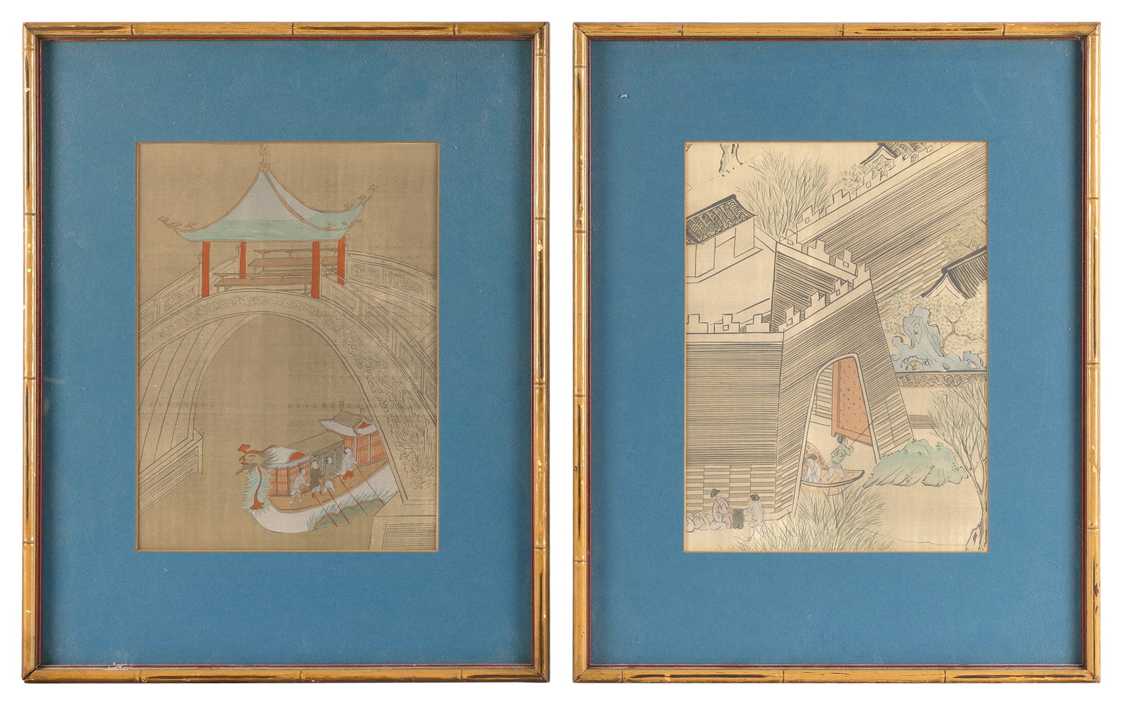 PAIR OF CHINESE PRINTS AFTER THE ZHANG ZEDUAN HANDSCROLL "ALONG THE RIVER DURING THE QINGMING (1 of 2)