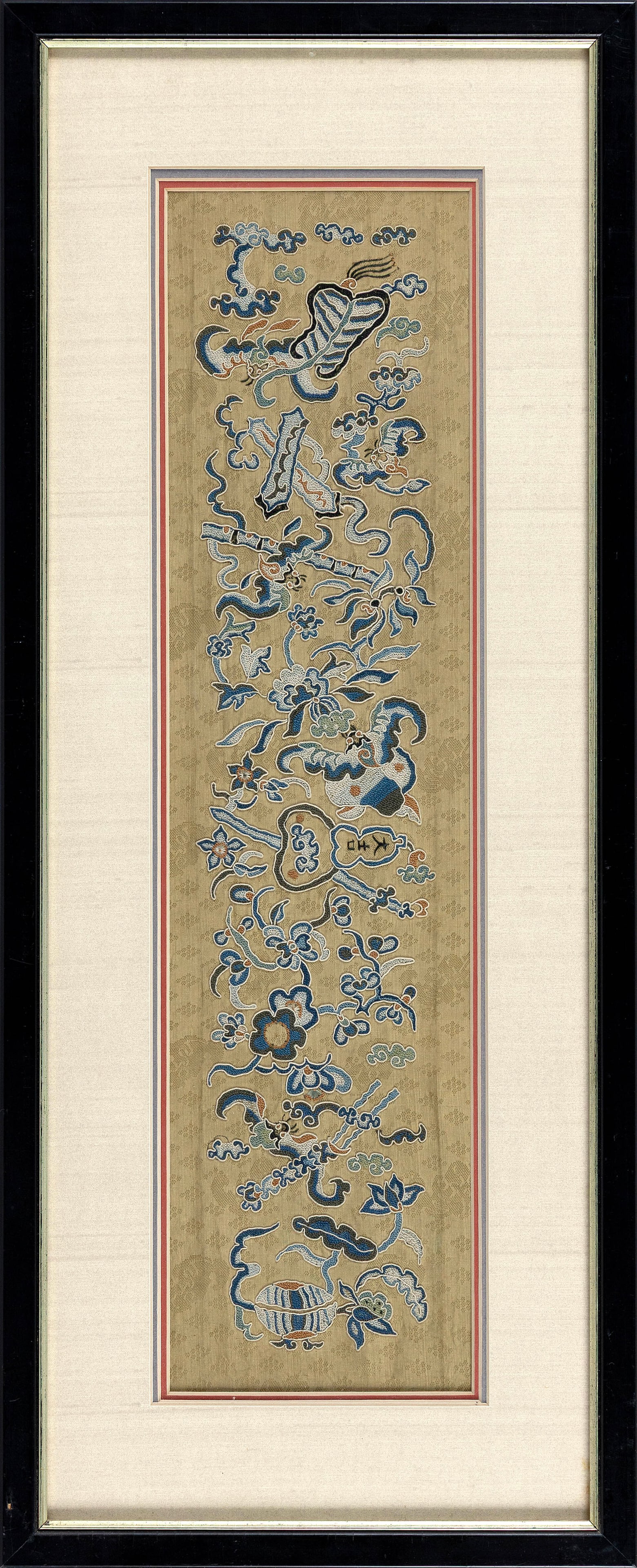 CHINESE SILK NEEDLEWORK PANEL 19th Century 19" x 5". Framed 25" x 10". (1 of 2)