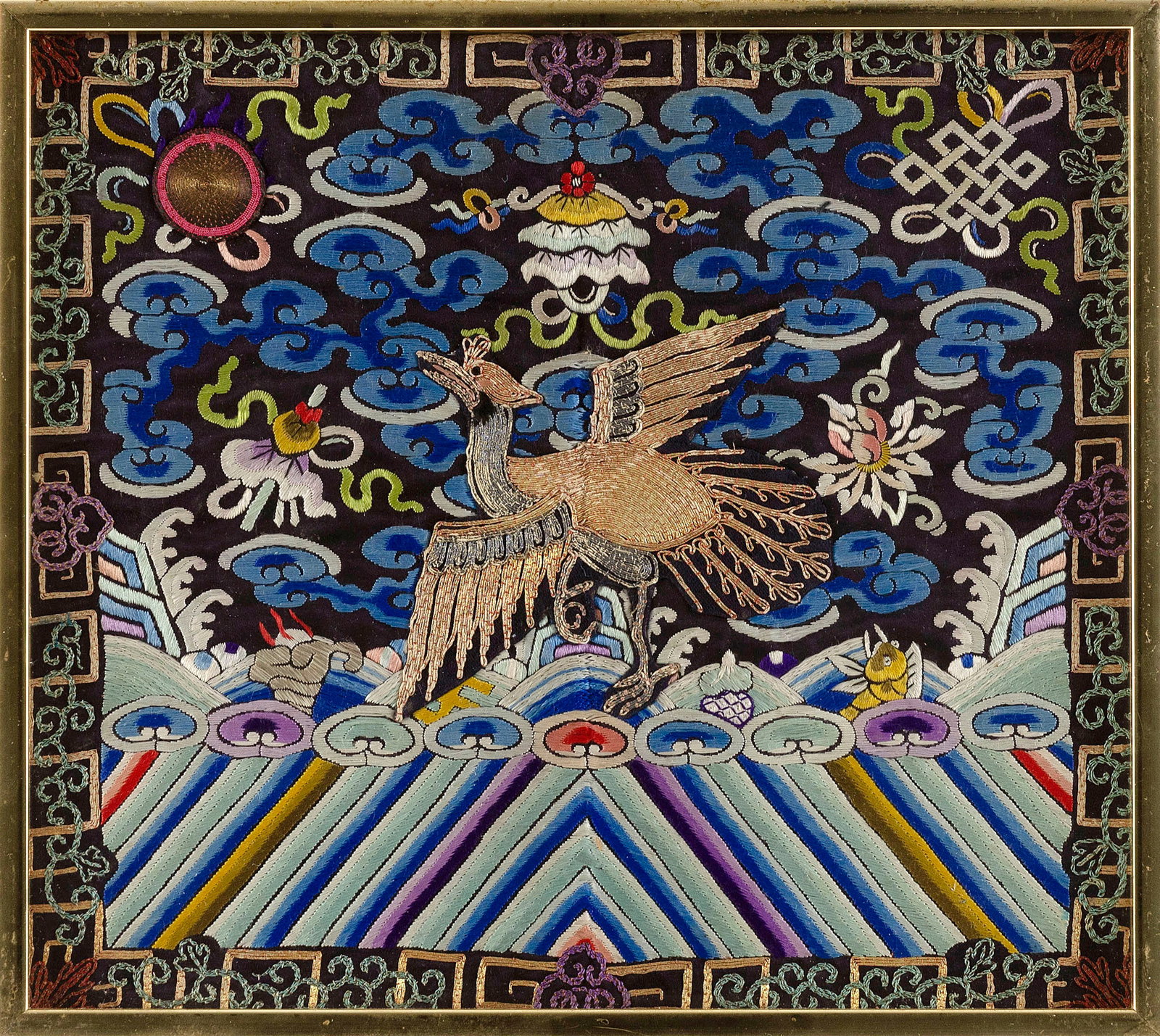 CHINESE NEEDLEWORK MANDARIN SQUARE RANK BADGE Late 19th Century 10" x 11.5". Framed 11" x 12". (1 of 2)