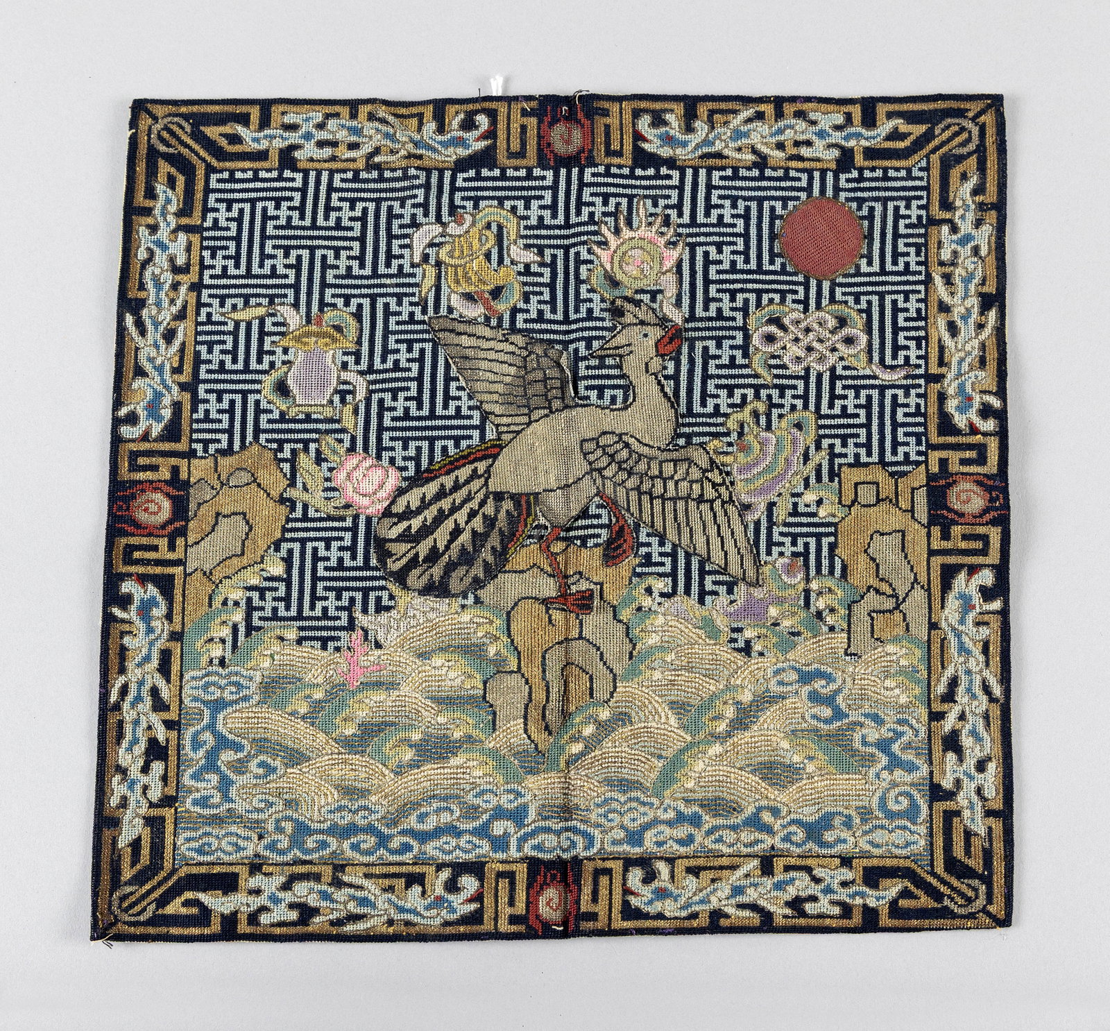 CHINESE NEEDLEWORK MANDARIN SQUARE OR RANK BADGE Late 19th/Early 20th Century 9.5" x 10". (1 of 2)