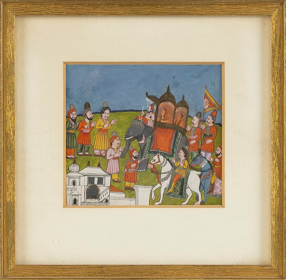 PERSIAN PAINTING OF A ROYAL PROCESSION Late 19th Century Gouache on paper, 4.5" x 4.5" sight. Framed (1 of 2)