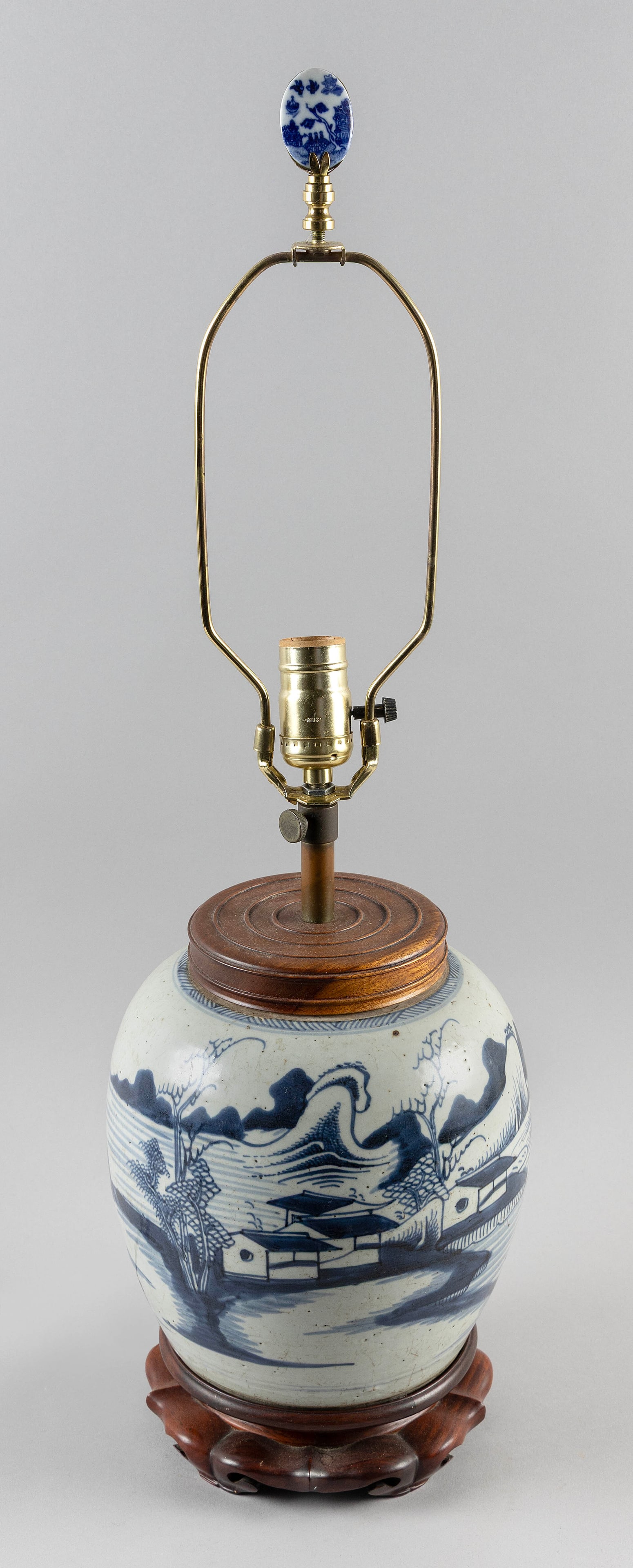 CHINESE BLUE AND WHITE PORCELAIN GINGER JAR 19th Century Jar height 12".: CHINESE BLUE AND WHITE PORCELAIN GINGER JAR 19th Century Traditional landscape decoration. Mounted as a table lamp. Jar height 12". Provenance: Port Chester, New York estate.