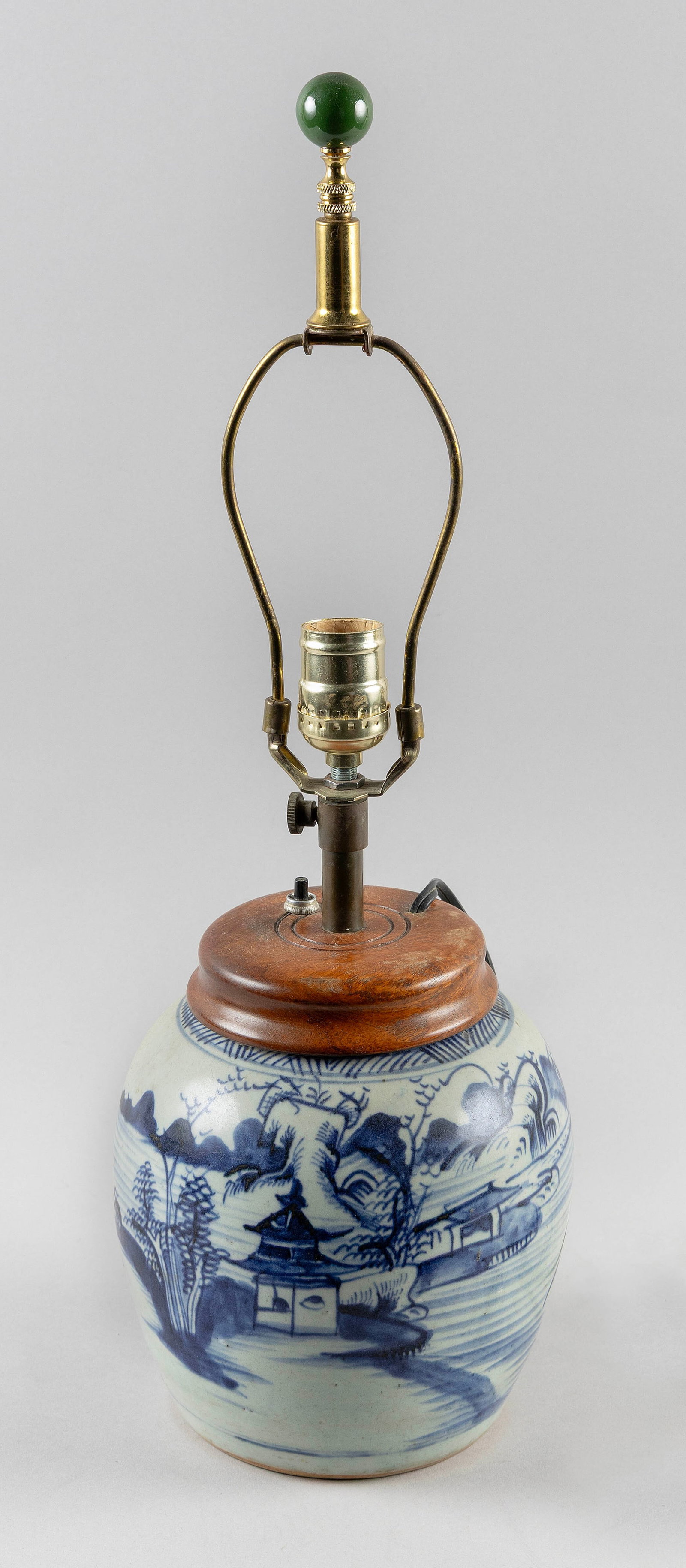 CHINESE BLUE AND WHITE PORCELAIN GINGER JAR Late 19th Century Jar height 8".: CHINESE BLUE AND WHITE PORCELAIN GINGER JAR Late 19th Century Mounted as a table lamp. Jar height 8". Provenance: Port Chester, New York estate.