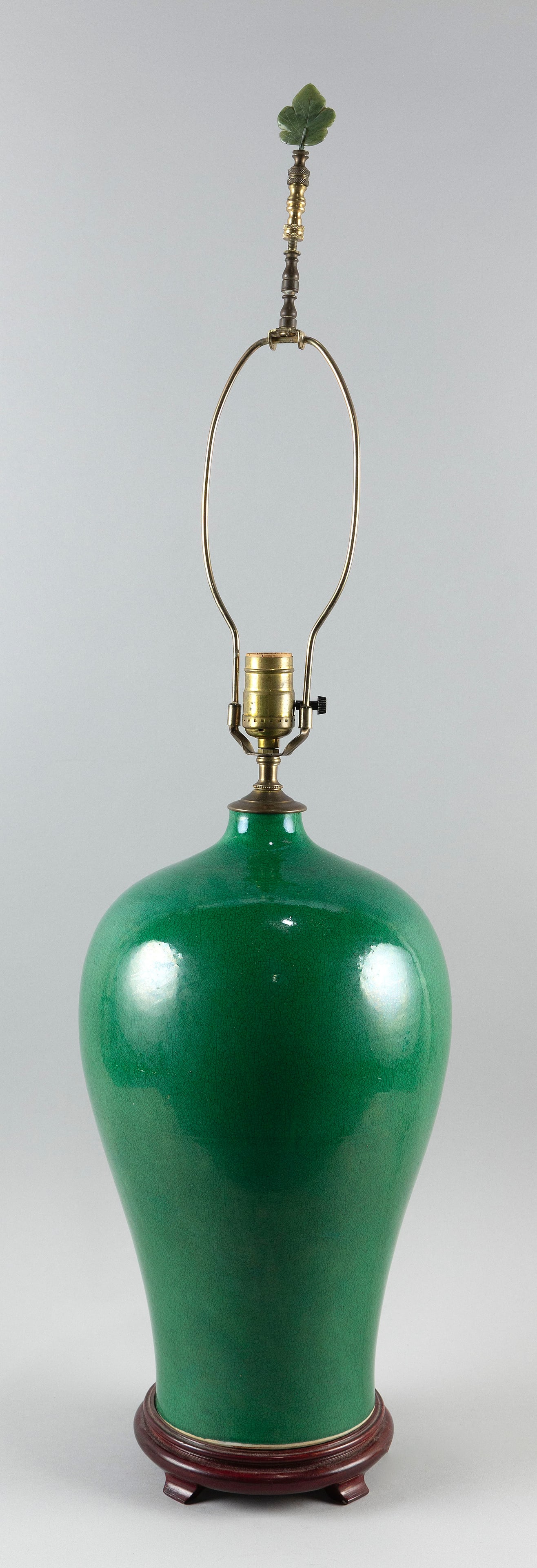 CHINESE GREEN APPLE GLAZE PORCELAIN MEIPING VASE 19th Century Height 20".: CHINESE GREEN APPLE GLAZE PORCELAIN MEIPING VASE 19th Century Mounted as a table lamp. Height 20". Provenance: Port Chester, New York estate.