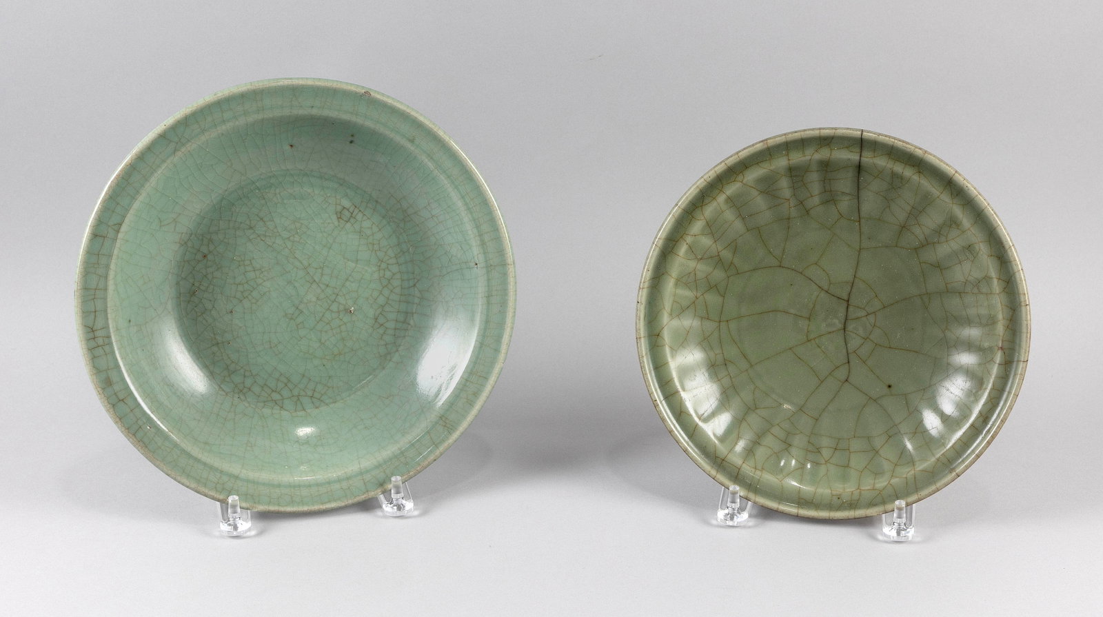 TWO CHINESE LONGQUAN CELADON PORCELAIN BOWLS 19th Century Diameters 10" and 11". (1 of 2)