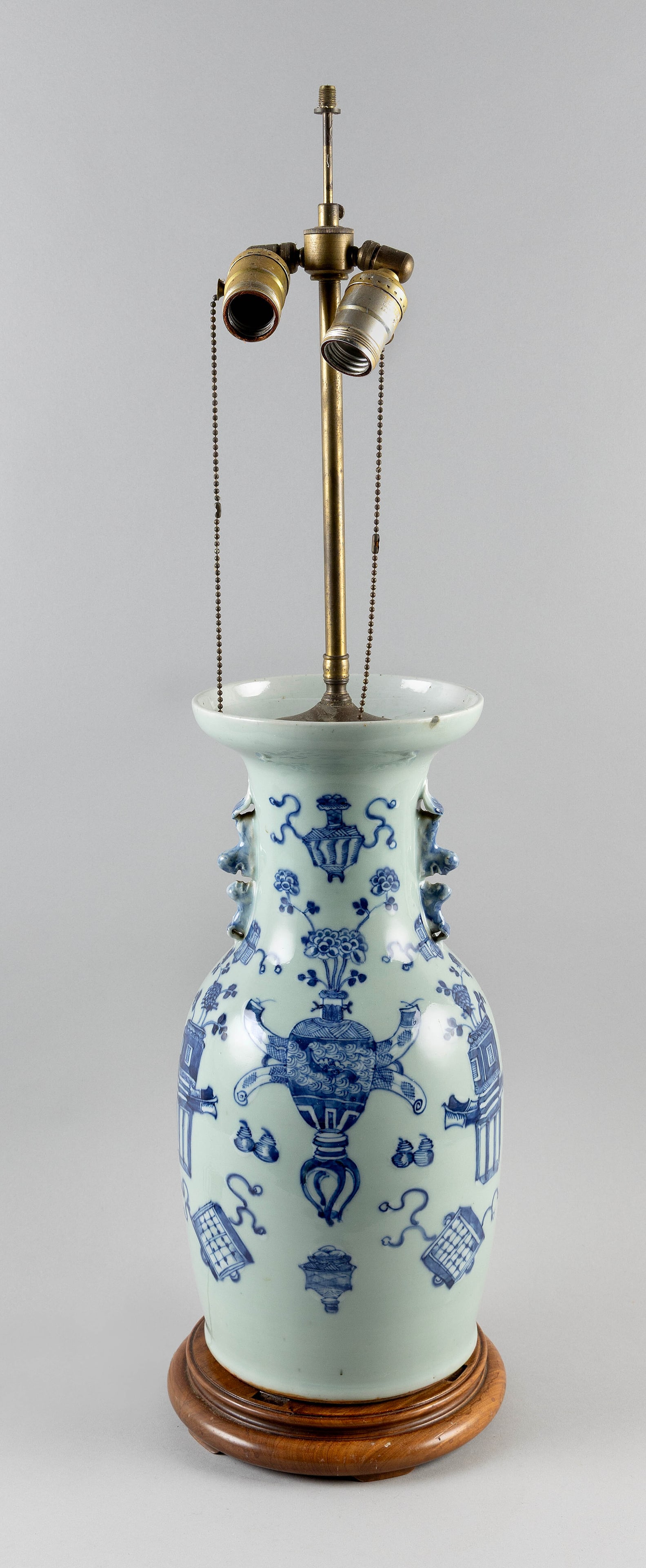 CHINESE BLUE AND WHITE PORCELAIN BALUSTER VASE 19th Century Vase height 16". Total height 32". (1 of 2)