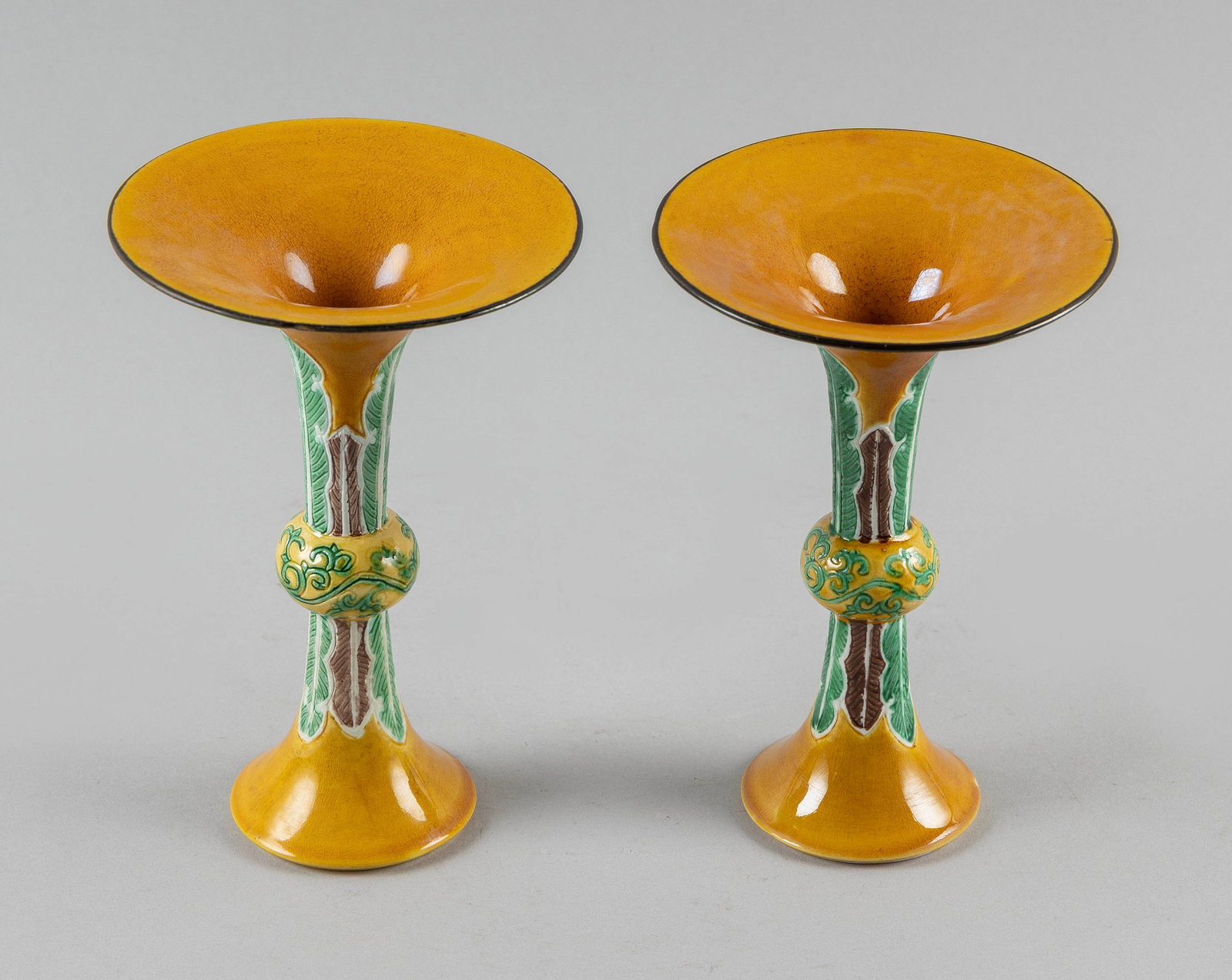 PAIR OF CHINESE SANCAI GLAZE PORCELAIN TRUMPET-FORM ALTAR VASES Late 19th/Early 20th Century Heights (1 of 4)