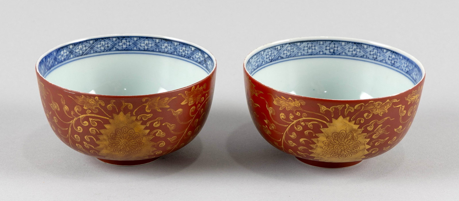 PAIR OF CHINESE GILT ON RUST RED PORCELAIN BOWLS Early 20th Century Heights 2.75". With fitted box. (1 of 5)