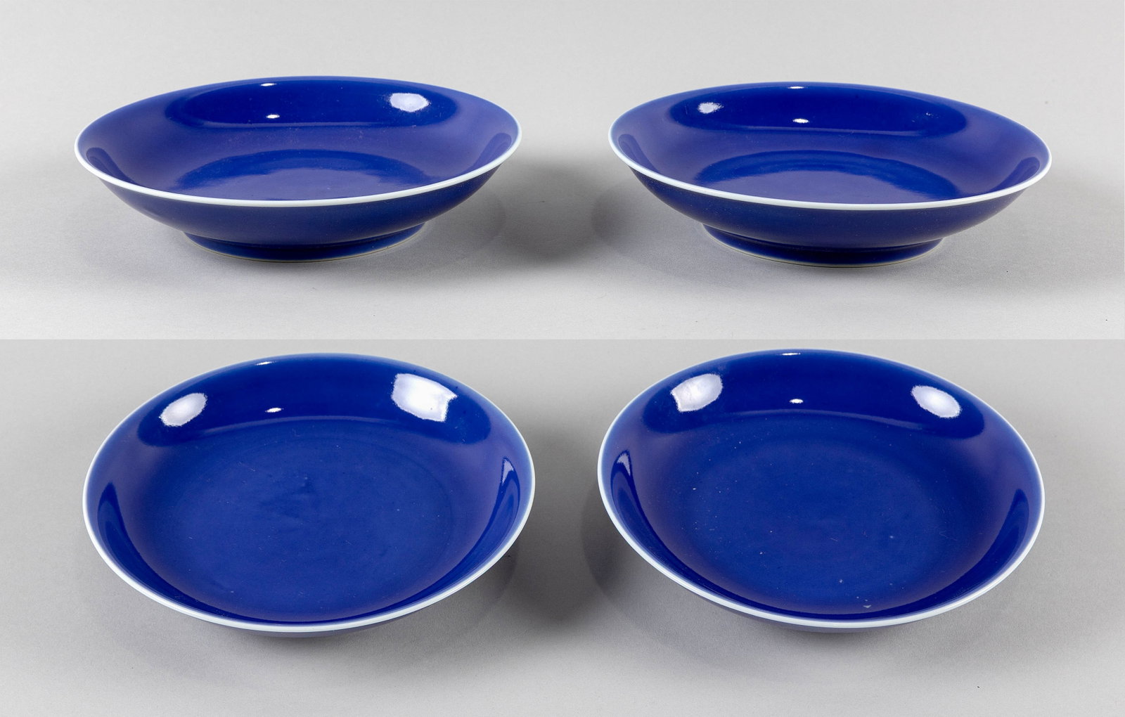 FOUR CHINESE COBALT BLUE PORCELAIN SHALLOW BOWLS Early 20th Century Heights 2". Diameters 7.5". With (1 of 9)