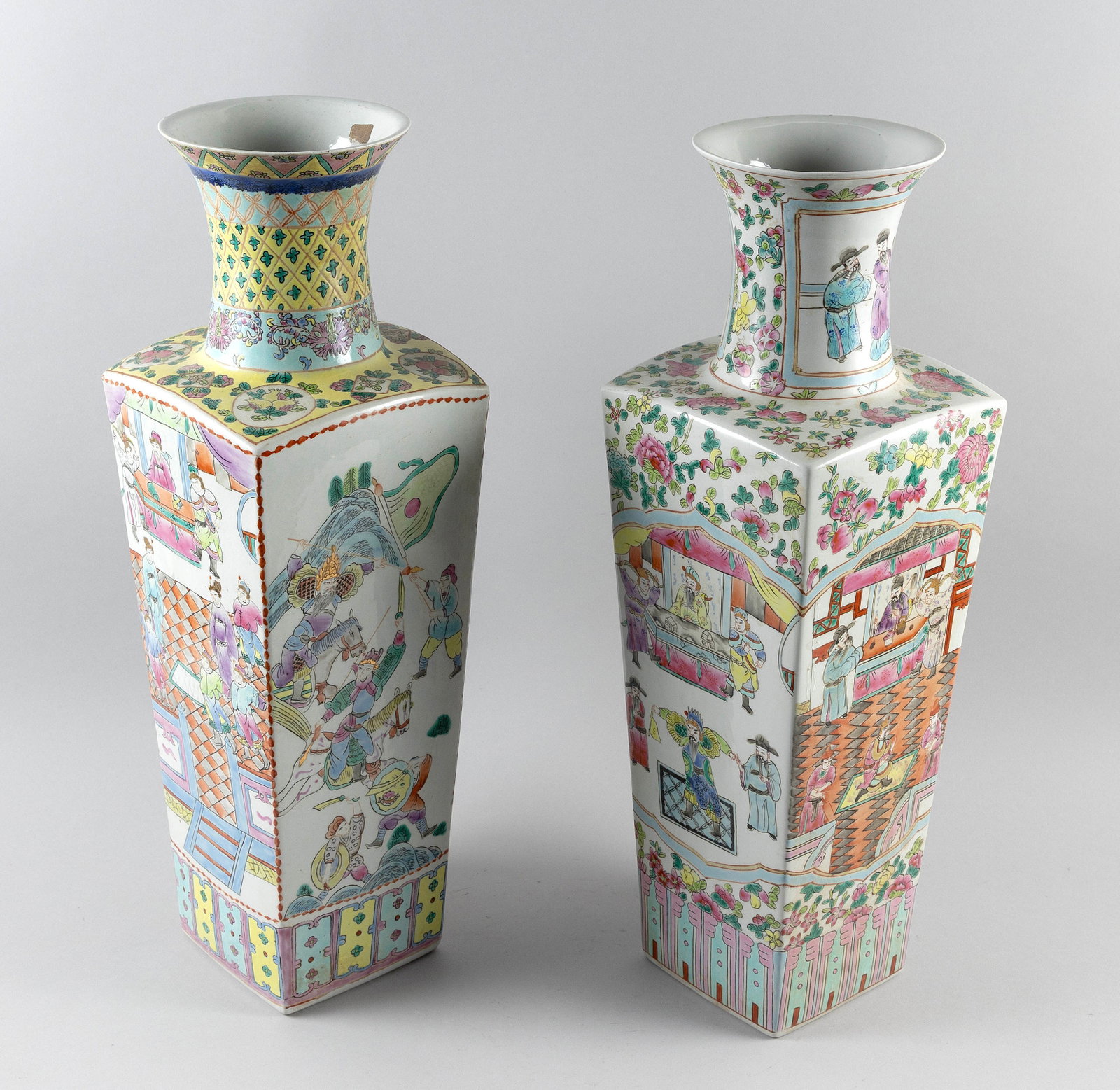 TWO CHINESE FAMILLE ROSE PORCELAIN BALUSTER VASES Late 19th Century Heights 23". (1 of 4)