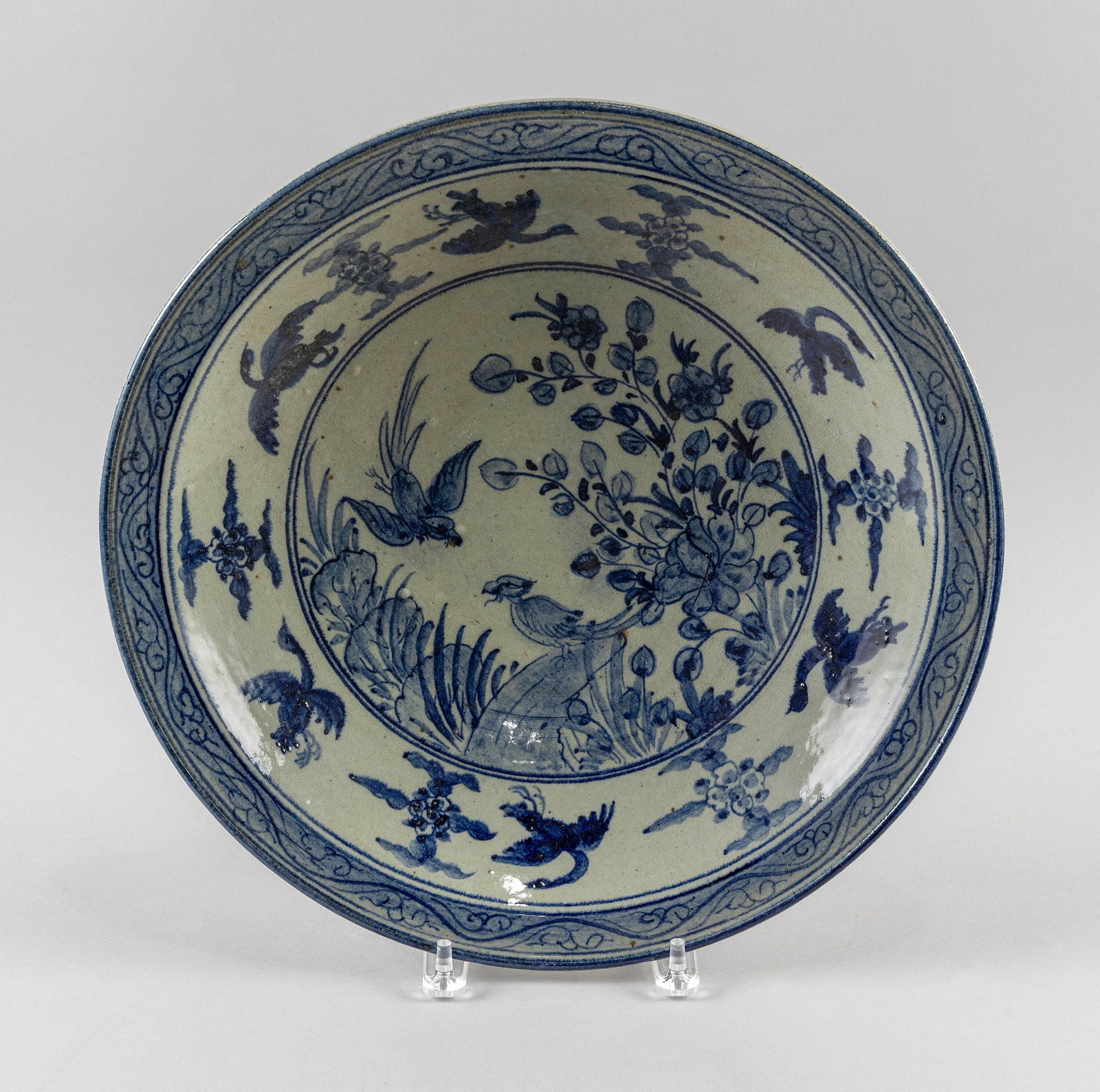 CHINESE BLUE AND WHITE PORCELAIN SHALLOW BOWL Late 19th/Early 20th Century Diameter 15.5". (1 of 2)