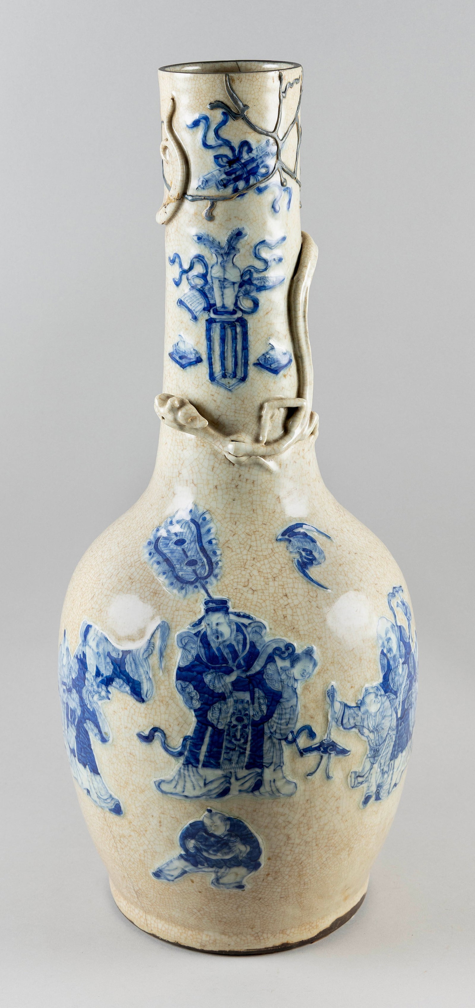 CHINESE BLUE AND WHITE ON CRACKLEWARE PORCELAIN VASE 19th Century Height 26". (1 of 7)