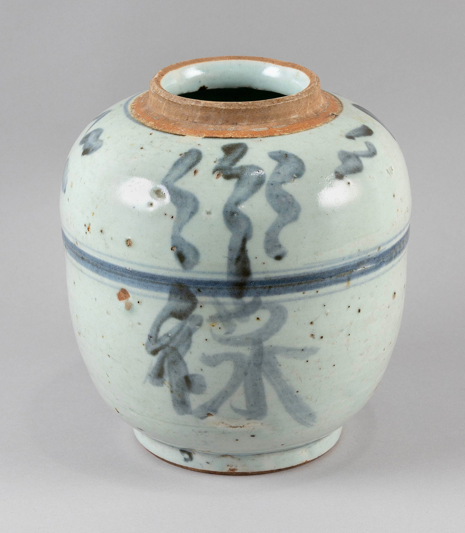 CHINESE BLUE AND WHITE STONEWARE STORAGE JAR Late 19th Century Height 9". (1 of 4)