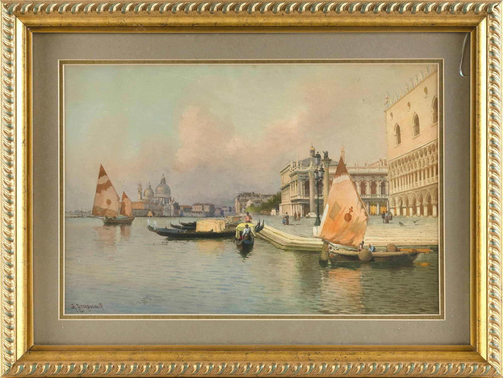 ALBERTO PROSDOCIMI (Italy, 1852-1925), Venice., Watercolor, 11" x 16.5" sight. Framed 16.5" x 22".: ALBERTO PROSDOCIMI Italy, 1852-1925 Venice. Signed lower left "A. Prosdocimi". Watercolor, 11" x 16.5" sight. Framed 16.5" x 22".