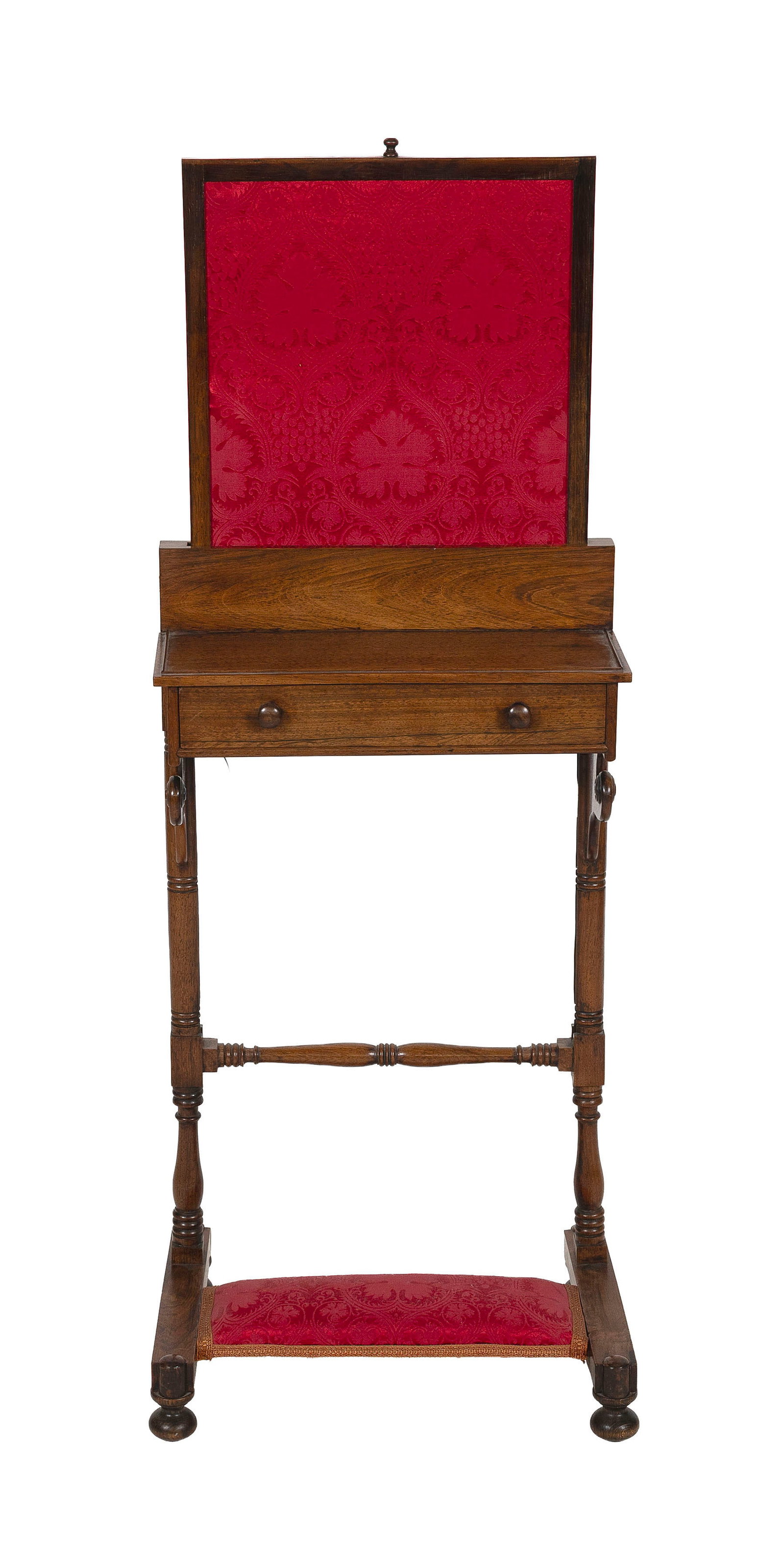 ENGLISH MAHOGANY AND ROSEWOOD BILLET DOUX (LADY'S TABLE WITH FIRESCREEN) 19th Century Height 45".: ENGLISH MAHOGANY AND ROSEWOOD BILLET DOUX (LADY'S TABLE WITH FIRESCREEN) 19th Century One-drawer writing table or sewing stand mounted with a sliding upholstered firescreen. Foot rest at base with mat