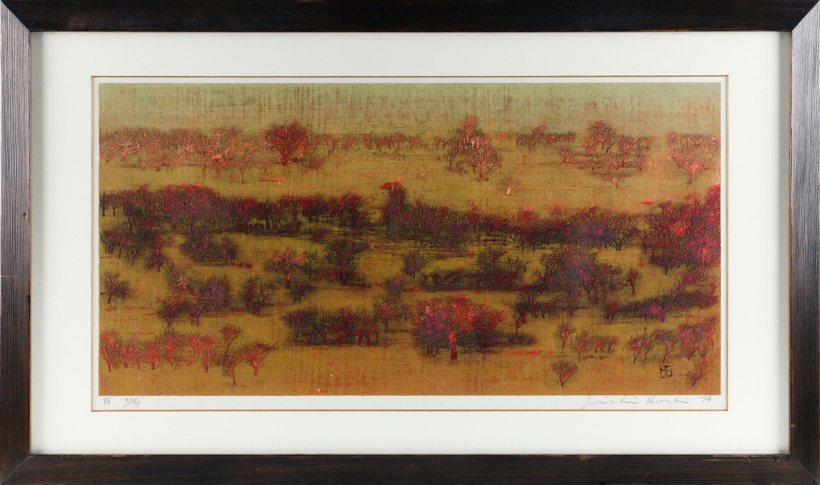 JOICHI HOSHI (Japan, 1913-1979), Field., Woodblock print, 15.5" x 30" sight. Framed 22.5" x 39".: JOICHI HOSHI Japan, 1913-1979 Field. Signed and dated "'74" lower right. Numbered 61/99. Woodblock print, 15.5" x 30" sight. Framed 22.5" x 39".