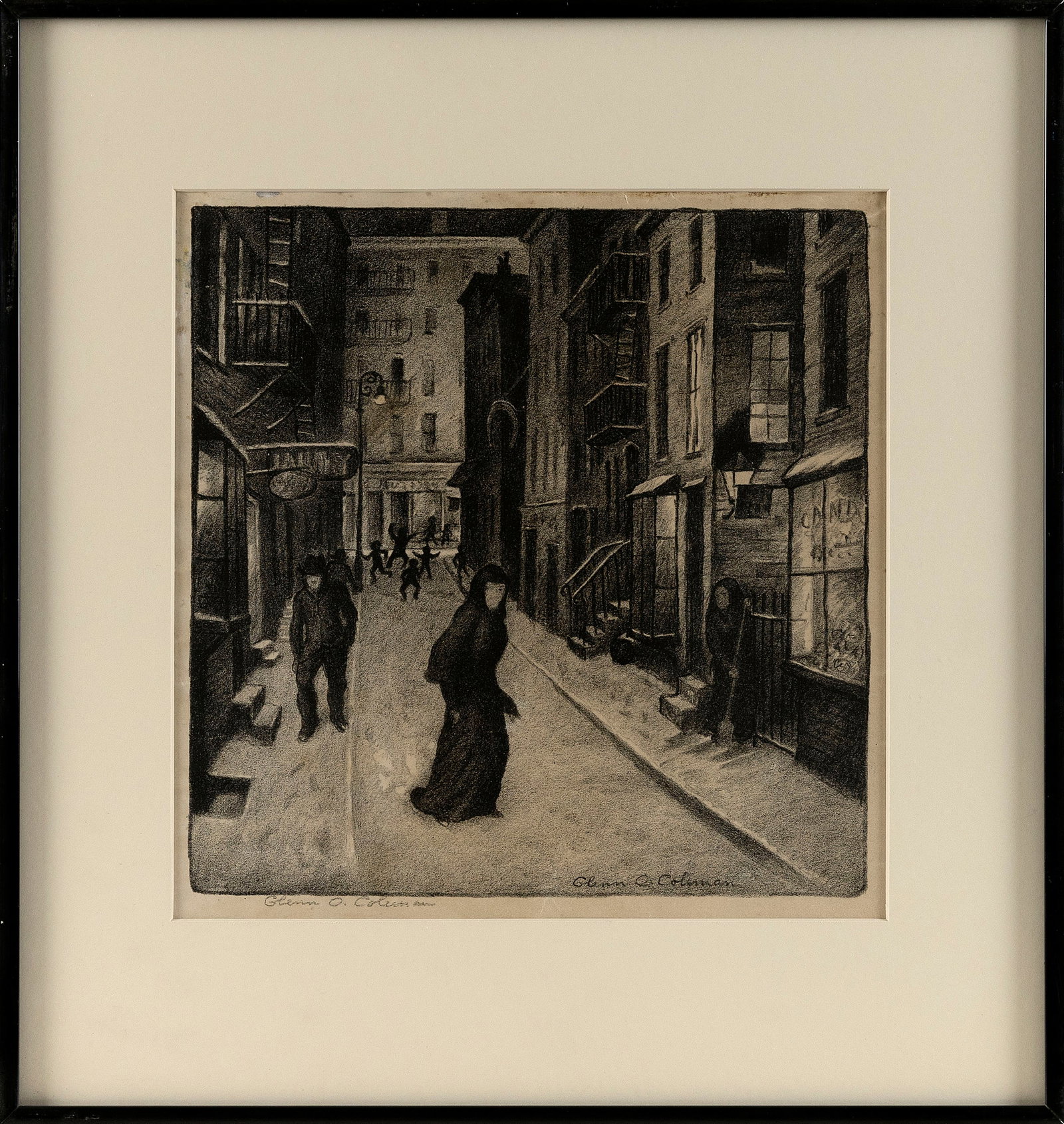 GLENN O. COLEMAN (New York/Ohio, 1887-1932), Minetta Lane., Etching, 11.5" x 11.25". Framed 18.25" x: GLENN O. COLEMAN New York/Ohio, 1887-1932 Minetta Lane. Signed in pencil lower right "Glenn O. Coleman". Etching, 11.5" x 11.25". Framed 18.25" x 17.25".